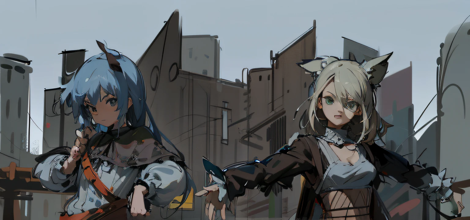 Anime figure, em uma paisagem urbana arruinada, nier inspired, sketchy artstyle, Rough sketch, medium shot of two characters, , 2D concept art,, , concept-art!