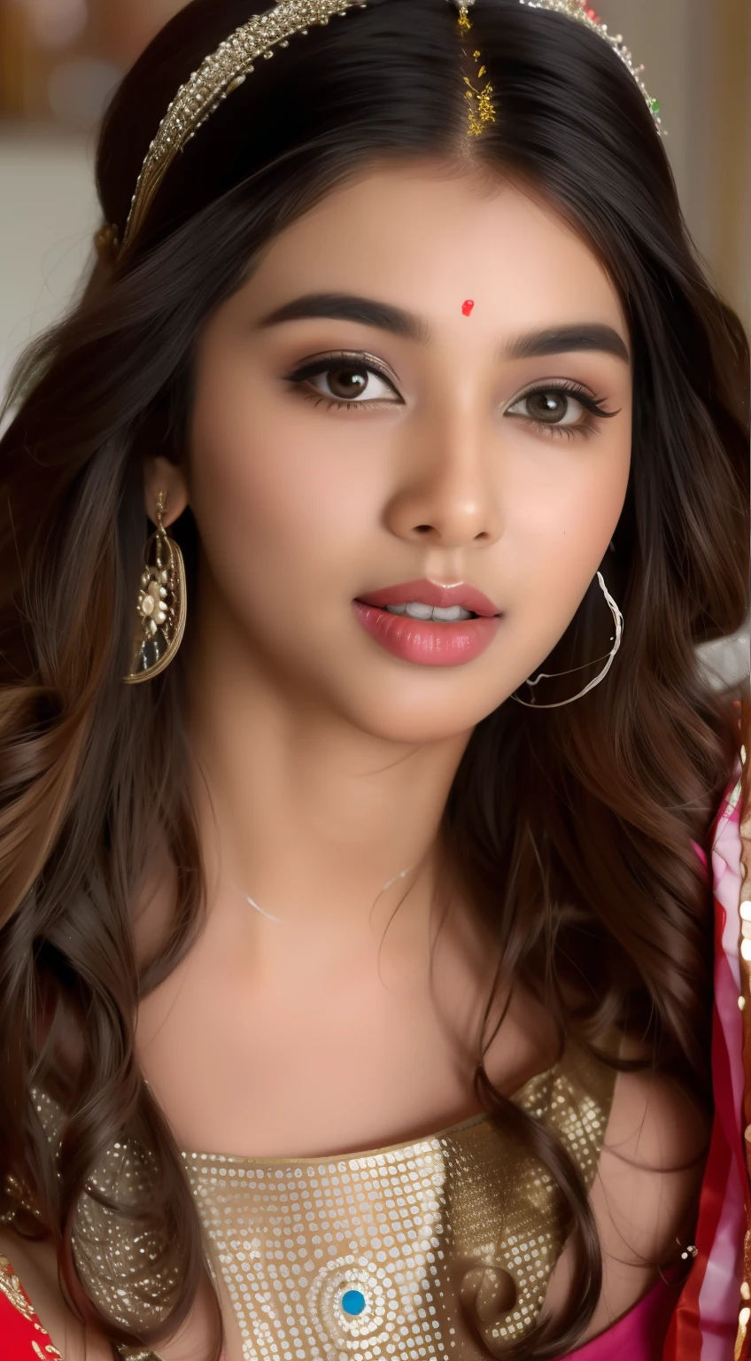 Masterpiece, highest quality, hyper-realistic portrait of an Indian girl with Indian Beauty wear dupatta on head (8k, best quality), Indian girl {{cum(sperm) on face}}, girl cum_in_mouth. Red lipstick. Cuming out from mouth.