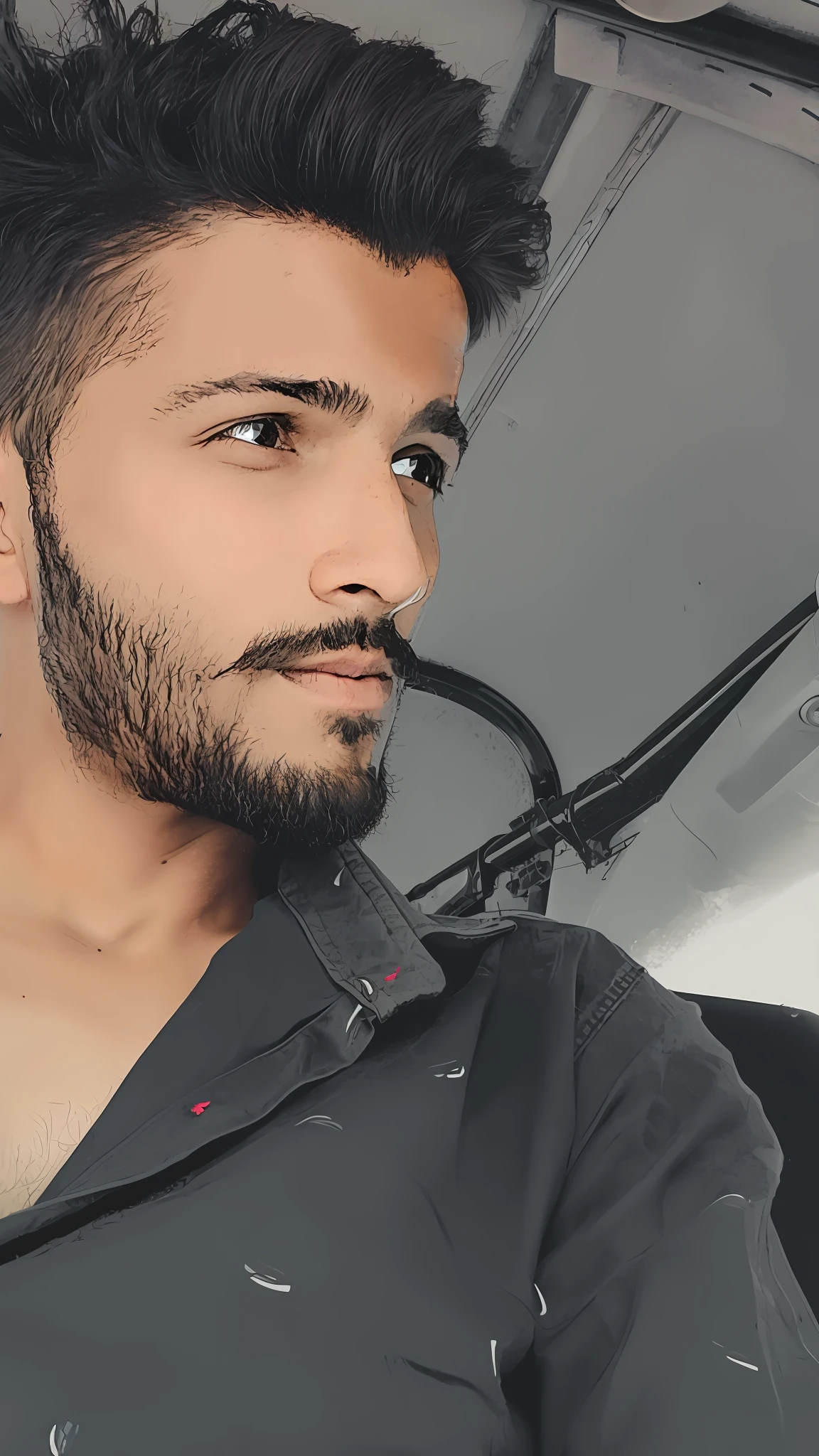 arafed man with a beard and a mustache sitting in a bus, good looking face, profile shot, handsome face, harsh good looking face, attractive and good looking, front profile!!!!, attractive face, profile image, very attractive, very artistic pose, portait photo profile picture, with neat stubble, khyzyl saleem, handsome attractive face, profile pic