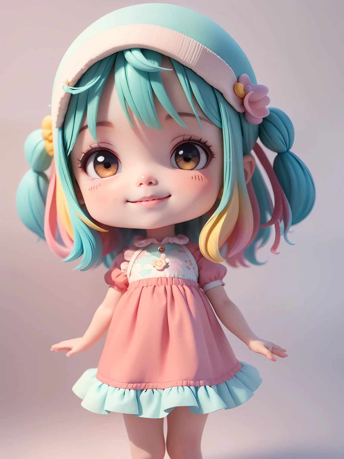 menina, detalhado, sorriso claro, corpo inteiro, :3, cabelo multicolorido e preso, curto, longo, Modern accessories, fundo tom pastel e simples.