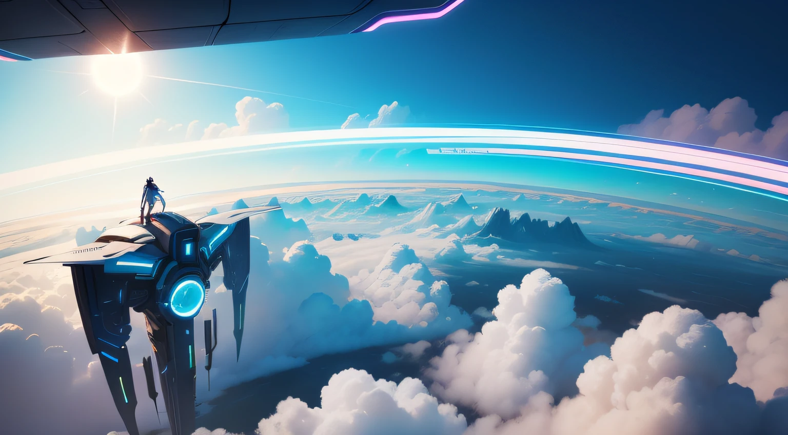 Above the clouds of the futuristic，Futuristic tech fantasy，clean backdrop，Solid color performance，low color saturation，Quiet，Look for spring，Extend the enjoyment of tourism，Don't be characterized，Vector file，