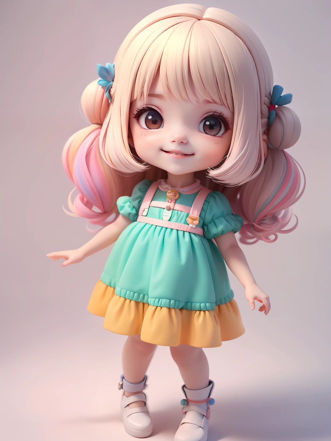 baby loli menina, detalhado, sorriso claro, corpo inteiro, :3, cabelo multicolorido e preso, curto, longo, Modern accessories, fundo tom pastel e simples.