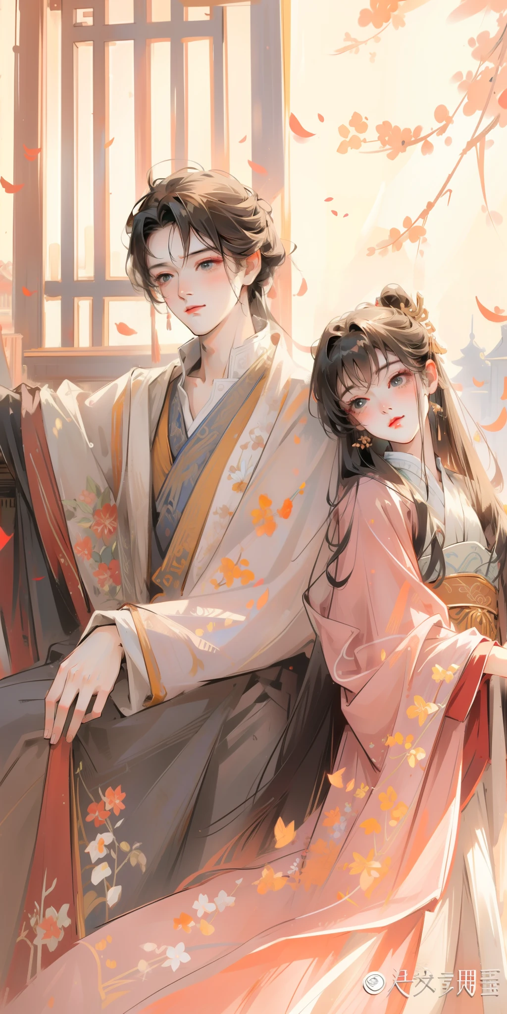 Works of masters,Hanfu,It is engaging and beautifully composed,Enough to be a masterpiece。The painting is undoubtedly super detailed,Best picture quality,Higher quality,high detal, 超高分辨率, 8K分辨率, depth of fields, cinematic photogtaphy, intricately details, carefully, meticuloso, glorious, max detail, extreme beautiful, A picture, tmasterpiece, (Best picture quality), Higher quality, high detal, 超高分辨率, in a panoramic view, Exquisite facial features, s the perfect face,Detailed digital anime art,,Anime couple sitting on bench,The background is a painting, Guviz-style artwork, Palace , A girl in Hanfu, Guviz, Wearing ancient Chinese clothes, Inspired by Bian Shoumin, Detailed fanart, highly detailed exquisite fanart, Guweiz in Pixiv ArtStation, cute couple, Kawasi, boy girl traditional romance