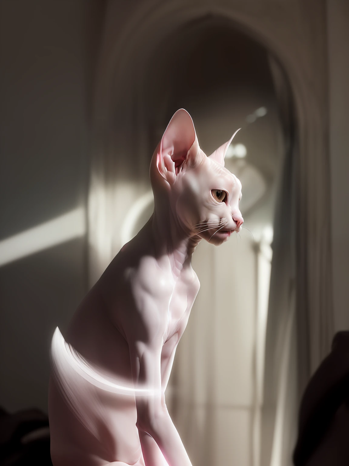 (sphinx cat, albino, Hairless cats, Albinism is severe, long pointy pink nose:1.2), closeup cleavage, ultra - detailed!!, Very soft afternoon light, Beautiful and smooth soft light, Elongated head shape, ultra - detailed!!!, ultra - detailed!!!, gentlesoftlighting