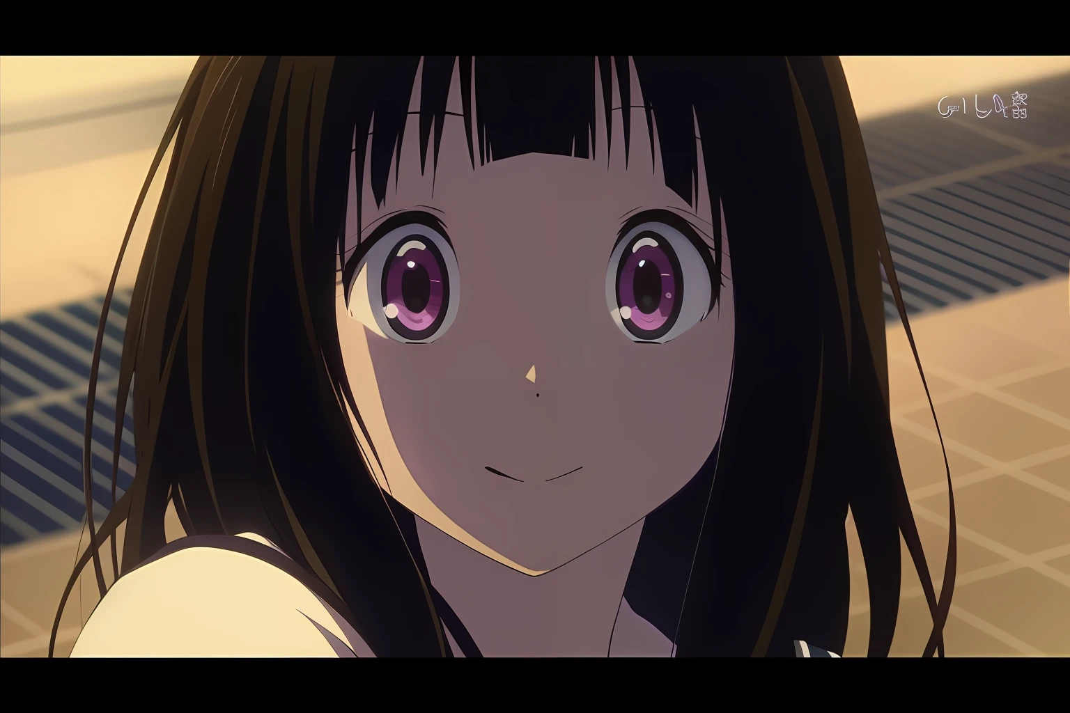 Anime girl with long black hair and purple eyes staring at the camera, anime movie screenshot, hanayamata, close up iwakura lain, screenshot from ???? anime, screenshot from the anime film, close up of lain iwakura, Perfect anime face, close up of a young anime girl, anime film still, in the anime film, animated still