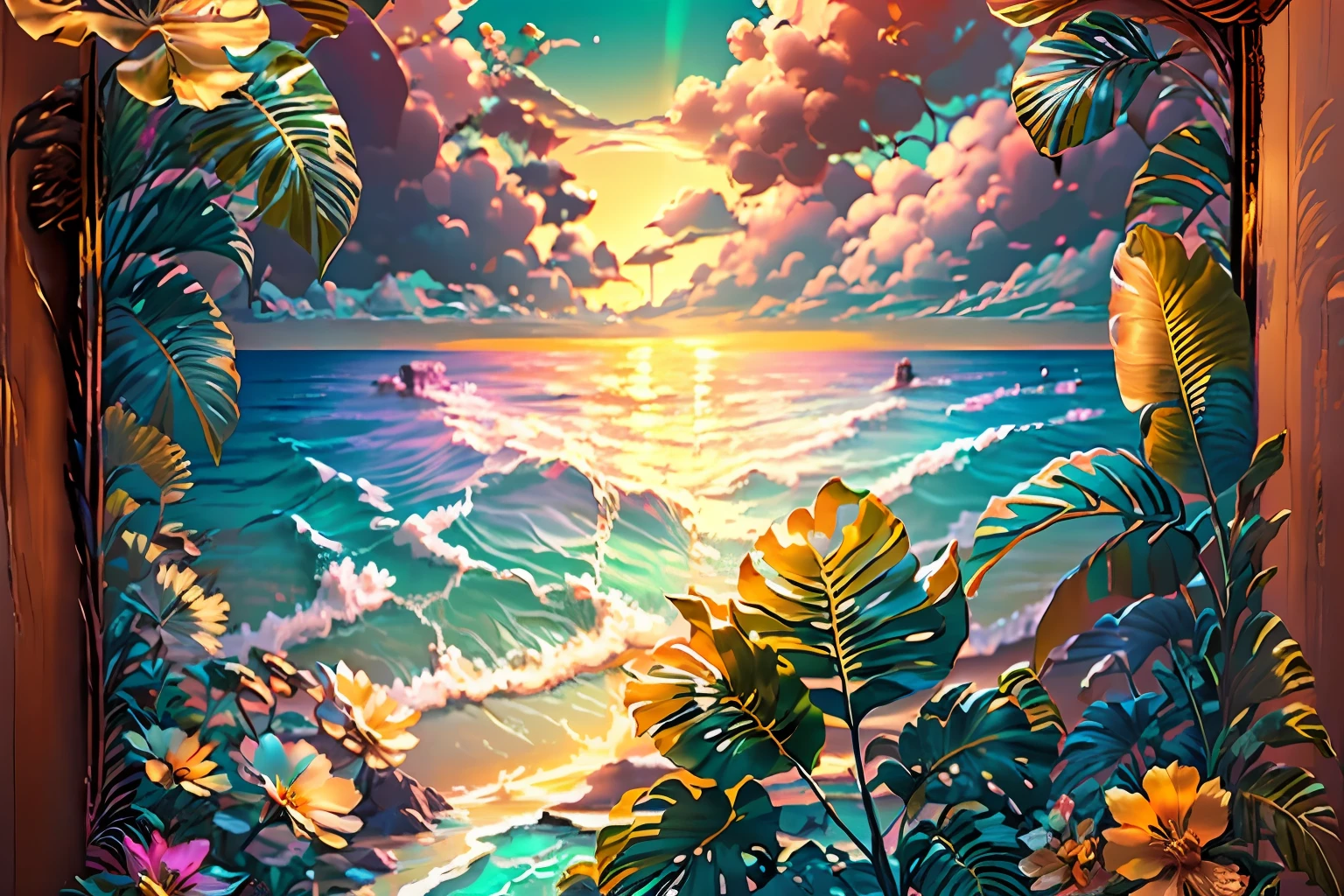 tropical flowers and wooden background with a frame for text, tropical background, blooming tropical flowers, background yellow and blue, beach sunset background, stylized background, tropic plants and flowers, vibrant & colorful background, floral sunset, colorful picture, mediterranean beach background, relaxed. gold background, amazing colorful background, beach background, colorfully background, seaside backgroud, flower frame