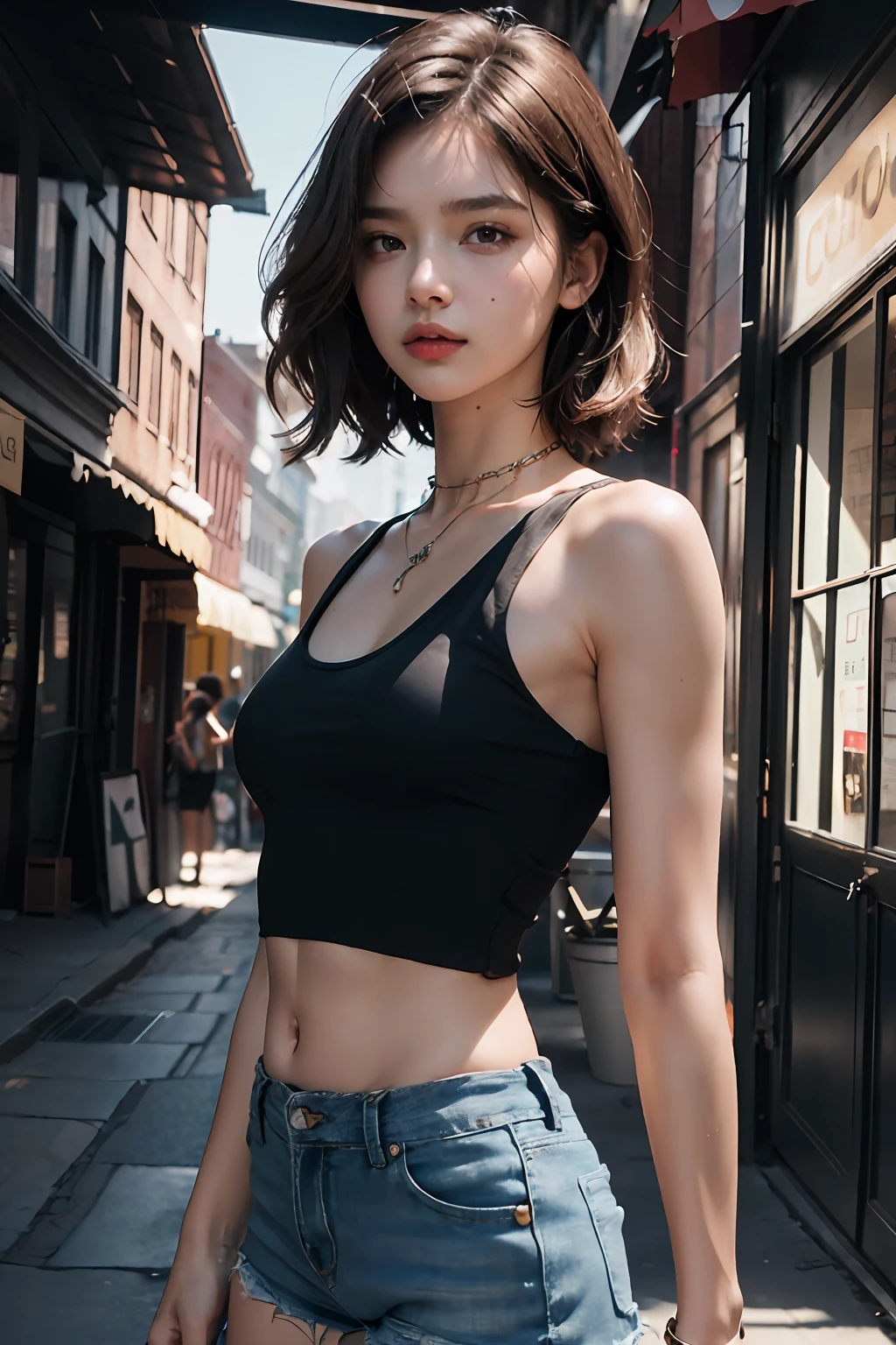 ((medium breast, tomboy girls, small head)), daylight, sunlight, (chiseled abs : 1.1), (perfect body : 1.1), (short wavy hair : 1.2) , auburn hair, collar, chain, full body shot, crowded street, wearing black tanktop, jeans jacket, ((shorts)), (extremely detailed CG 8k wallpaper), (an extremely delicate and beautiful), (masterpiece), (best quality:1.0), (ultra highres:1.0),  beautiful lighting ,perfect lightning, realistic shadows, [highres], detailed skin, ultra-detailed