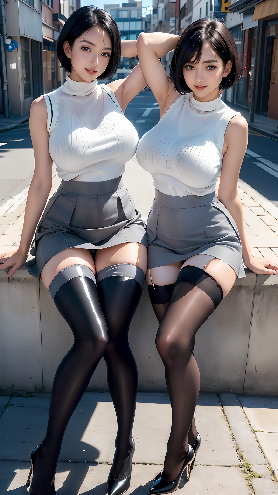 (8K, 超A high resolution, Best Quality, masutepiece:1.2)、RAW portrait of Japan super cute woman、top-quality、 (huge-breasted:1.15)((governess、Pure white sleeveless knit、Gray tight skirt:1.48))、Put the shirt inside the skirt(Hands behind the head、Show the armpits:1.35)、(In the street:1.3) BREAK (Natural Skin Texture、Detailed skin、Hyper-Realism、ultra sharpness)、intricate detailes、depth of fields、Sexy adult woman、(Short-haired black hair:1.3)、((​masterpiece、top-quality、high-detail))、(Photorealsitic:1.4)、独奏、closes mouth、Smile happily、big eye、Distinct double eyelids、Lashes、long neck、Absolute area、Clean collarbone、face perfect、thin lips、a small face、(gazing at viewer、Black eyes、lipgloss:1.2)、(Toned body、Beautiful legs、Draw from toe to head、Glossy stockings、Black High Heels:1.38)