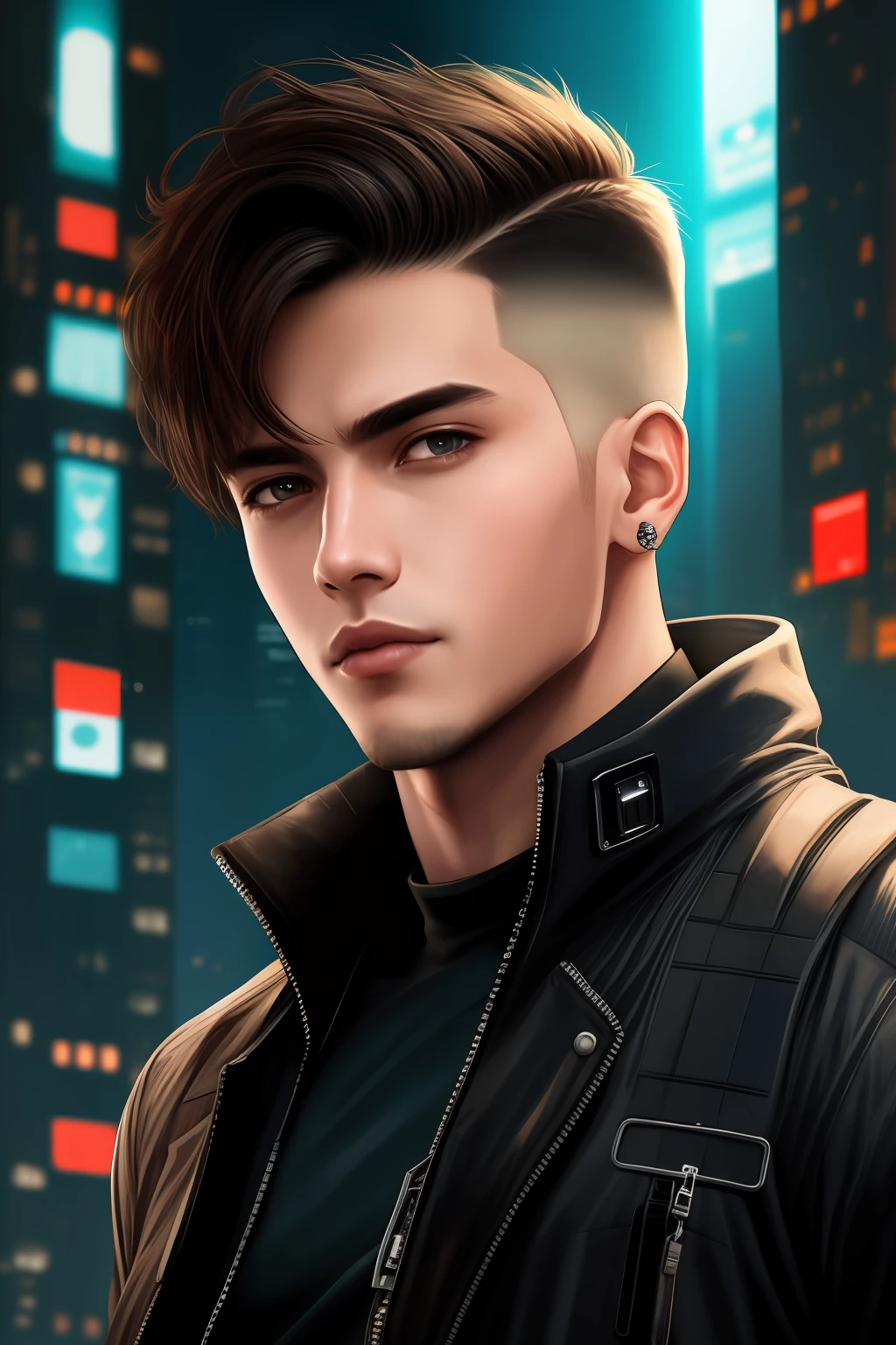 Change background, cyberpunk, realistic, handsome boy, realistic, face
