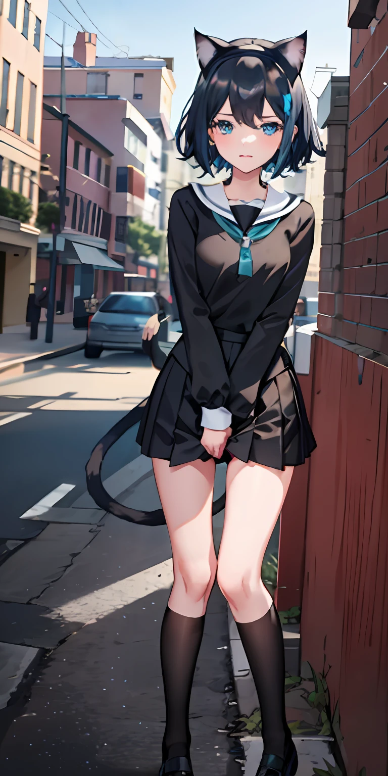 Three points block R18 Catwoman Black hair Aqua blue eyes Blue headband with tail with cat ears Teenage school uniform cat palm masturbation