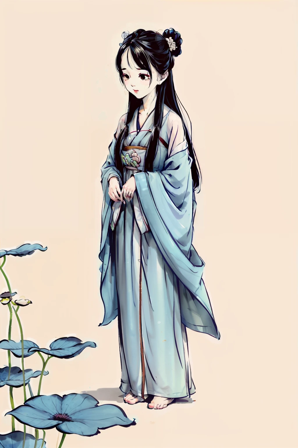 ((4k,masterpiece,best quality)), shuimobysim, traditional chinese ink painting, lotus, hanfu, maxiskit, dress conservatively 1girl, solo, long blue hair, smile, standing, feet in the water, barefoot,