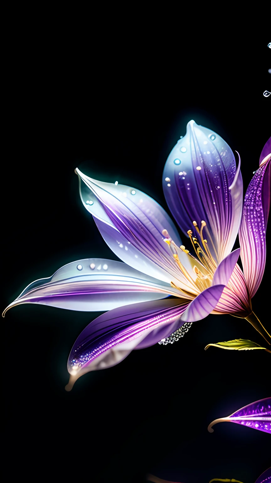branch of delicate lilac flowers, super transparent, holy light, beautiful spectral light, petals glow, flashing, dark background, drops of transparent light, reflective light, bright, light streaming in, optics, portrait profile, sharp focus, magical, intricate, ultra realistic, fantasy, composition, light, trend on artstation, pearl, patronus cloud of silvery vapor, corrosive enveloping ray family, 8k, ureal ar 23v4 uplight