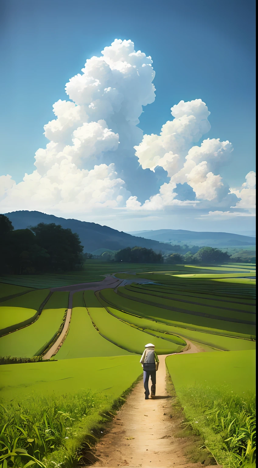 An old farmer carrying a flat burden, walking on the winding path of the countryside, big clouds, blue sky, rice fields, neat rice seedlings in the field, forest, hillside, secluded, countryside, HD detail, hyper-detail, cinematic, surrealism, soft light, deep field focus bokeh, ray tracing and surrealism. --v6