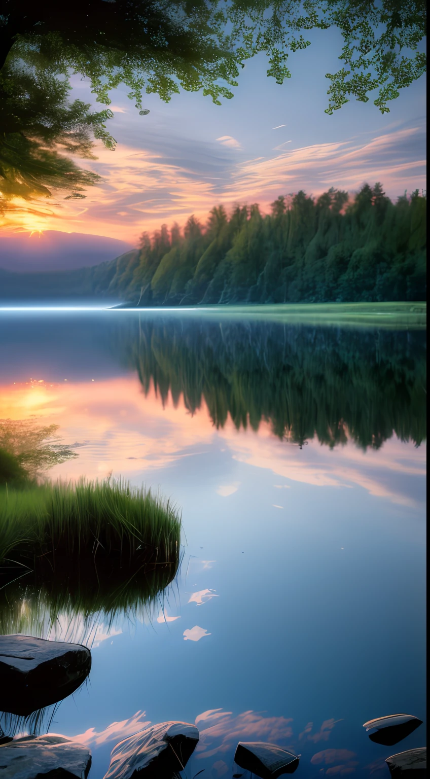 Wallpaper, summer, lake, dawn, forest, clouds, dawn background, depth of field, HD detail, hyperdetail, cinematic, soft light, deep field focus bokeh, ray tracing, diffuse (ultra-fine glass reflection) and realism. --v6