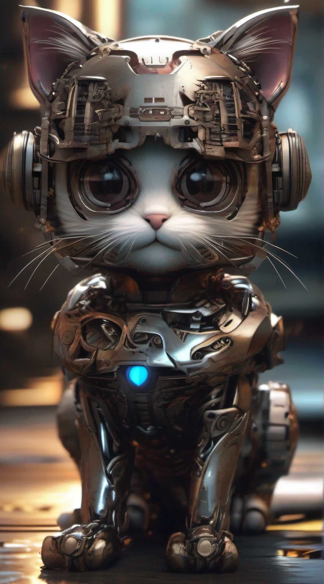 A cute kitten made of metal, robot, cyberpunk style, ((intricate details)), hdr, ((intricate details, super detailed)), cinematic footage, vignette