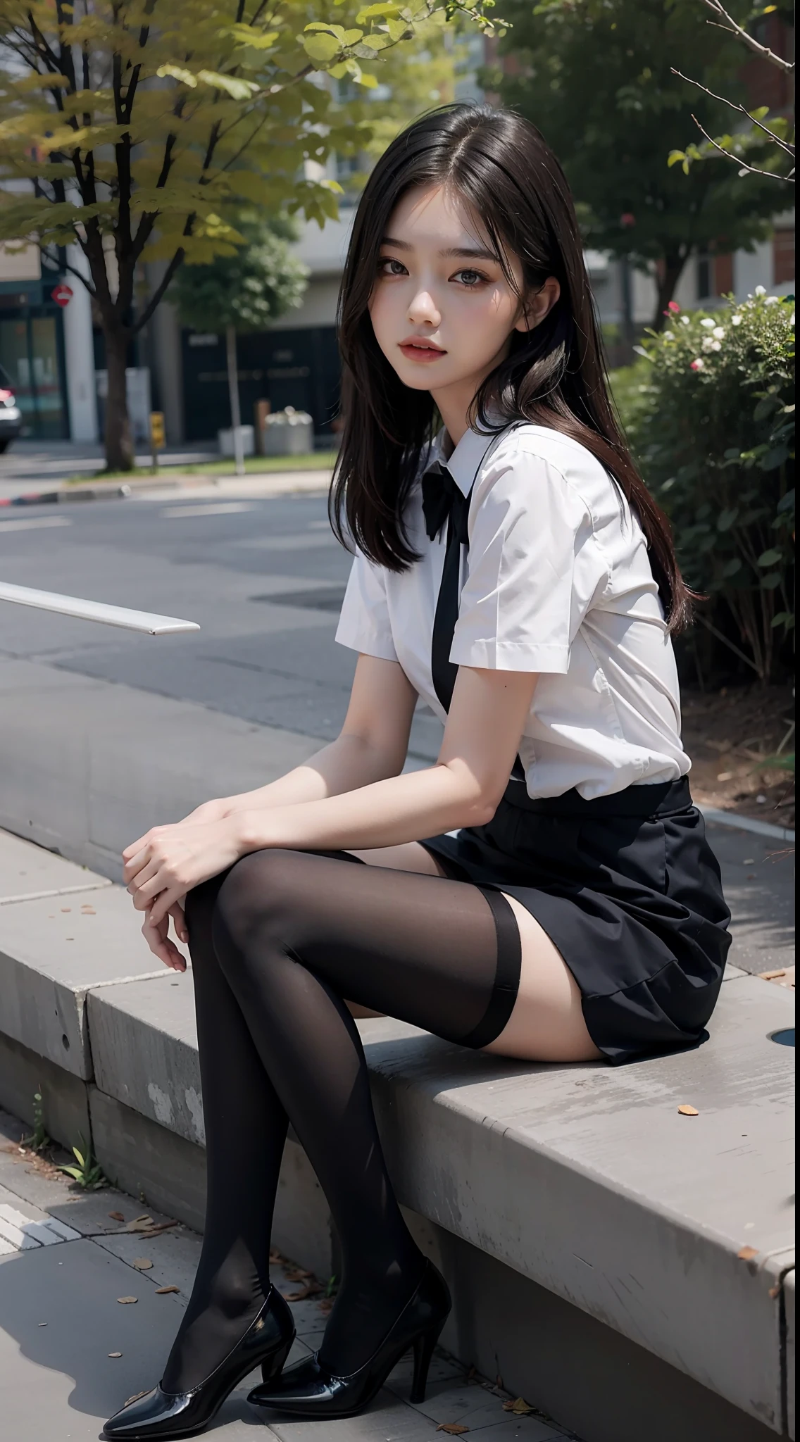 Best quality, full body portrait, delicate face, pretty face, 25 year old woman, slim figure, small bust, OL uniform, office clothes, black stockings, outdoor scene, sitting position
