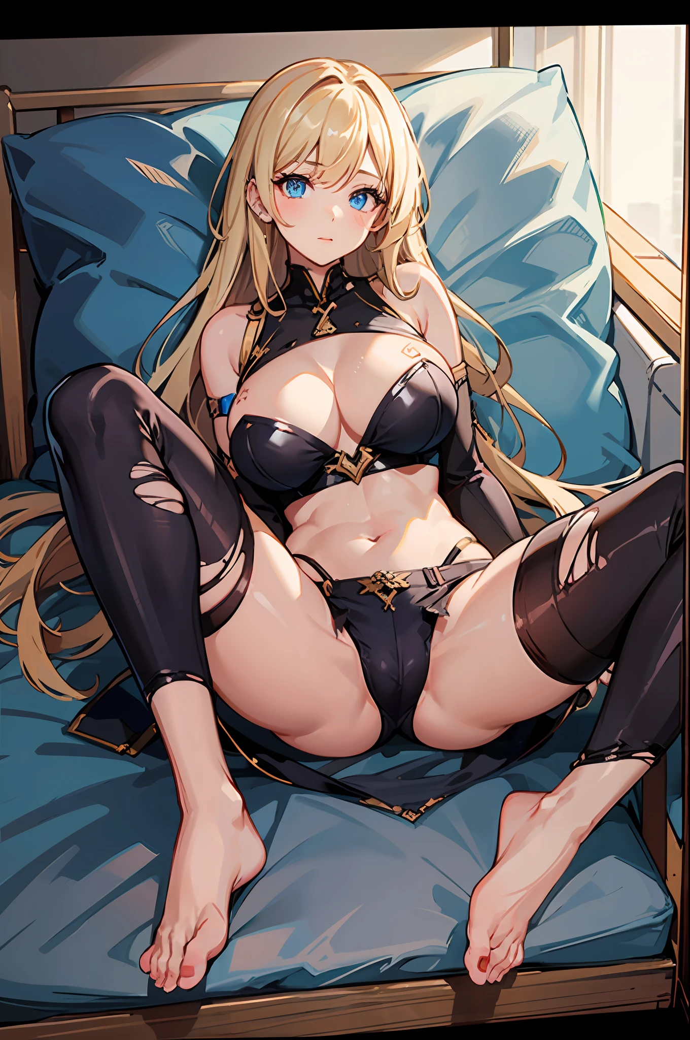1girll,Breast patches,Large breasts,Ripped minipants,blonde with blue eyes,Anterior convex and posterior,barefeet,