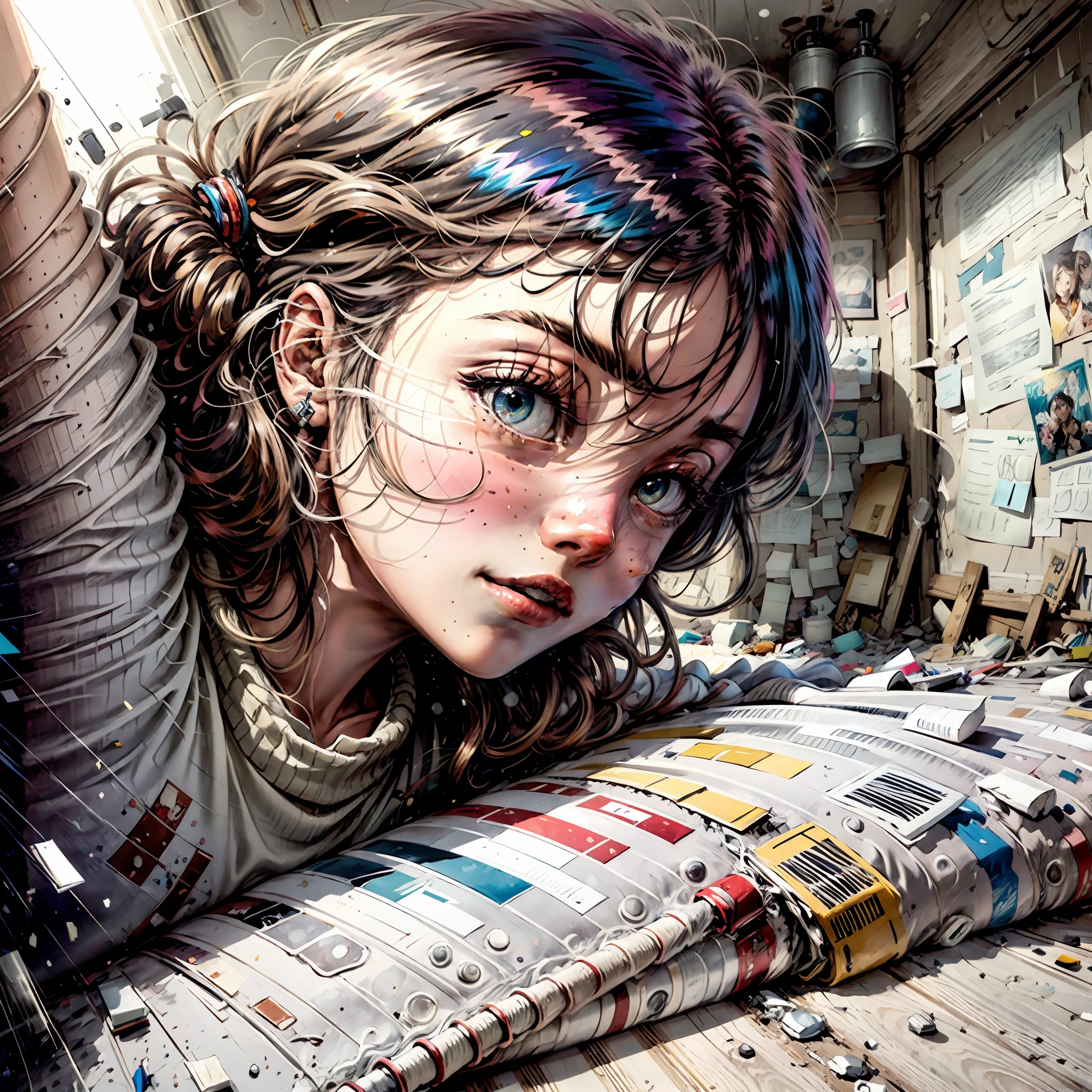there is a drawing of a woman sitting in a messy room, in a bedroom, messy room, in a room, inside a messy room, in my bedroom, in her room, in an attic, chaotic teenage bedroom, sitting in her room, messy bedroom, cluttered room, ghostly teenager bedroom, in small room, dirty room, cluttered, a room, anime style, happy vibrant colors