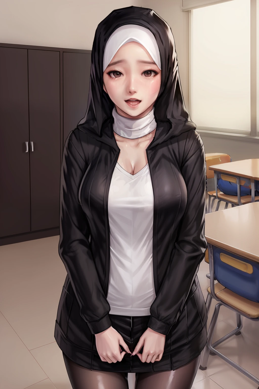 girl,hijab,school,happy,close eyes,hijab outfit,teacher,teacher outfit,teacher and baby student,child student cry and screamed,teacher wet clothes