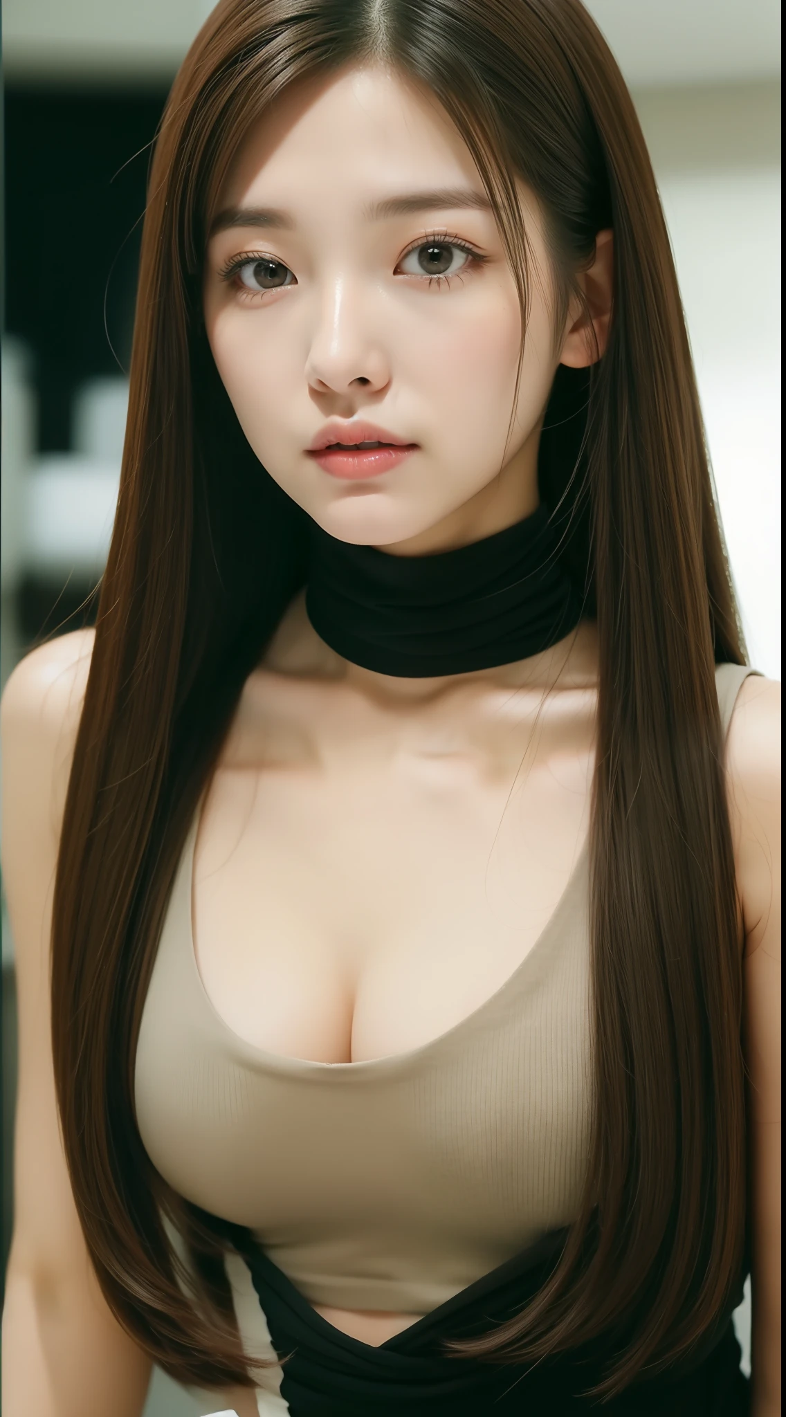 realistic photos of (1 cute Korean star) single hair intake, thin makeup, 32 inch breasts size, wearing turtle neck tank top, in the department store, close-up, Fujifilm, Fujicolor, UHD