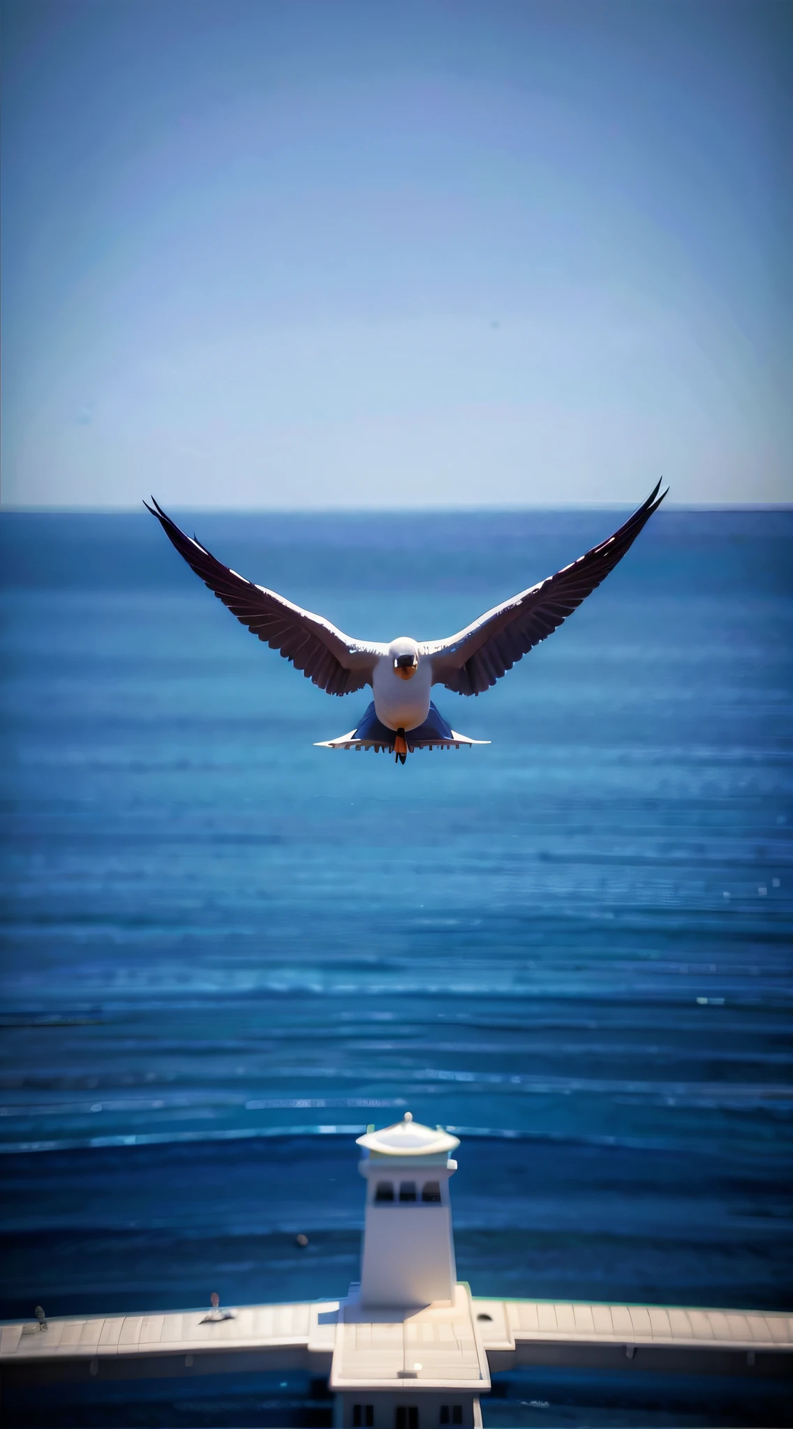 flying over the ocean，The background is blue sky, flying over the ocean, seagulls, In flight, outstretched wings, flying around the bird, bird flying out of water, Soaring, flying towards the camera, spreading wings, ophanim has bird wings, flight, Hovering in the air, his arms spread. ready to fly, Wings spread