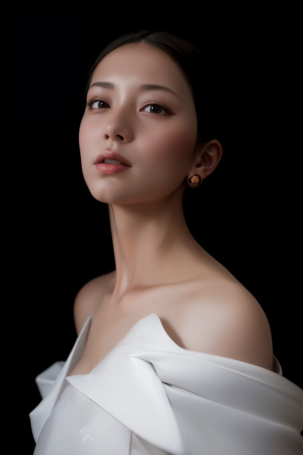 Arad woman in white dress looks up at the sky, editorial portrait, 7 0 mm portrait, 60mm portrait, shot on canon eos r 5, shot on a Canon EOS R5, medium portrait soft light, Inspired by Tang Yifen, dramatic portraiture of uuen, portrait soft low light, shot with sony alpha, 50mm portrait
