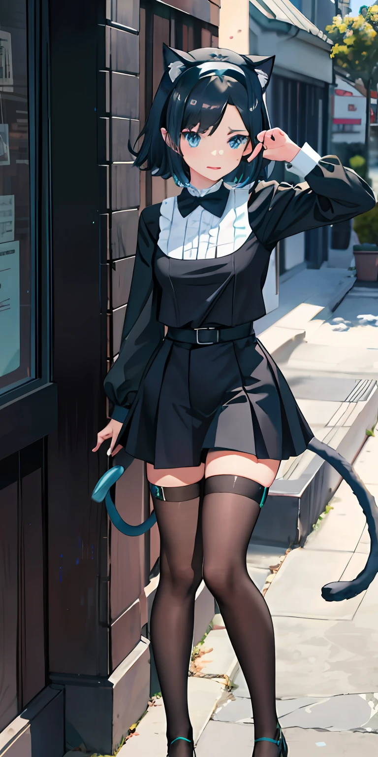 R18 Catwoman Black hair Aqua blue eyes Blue headband with tail with cat ears Girl School Uniform Cat's Palm exposed