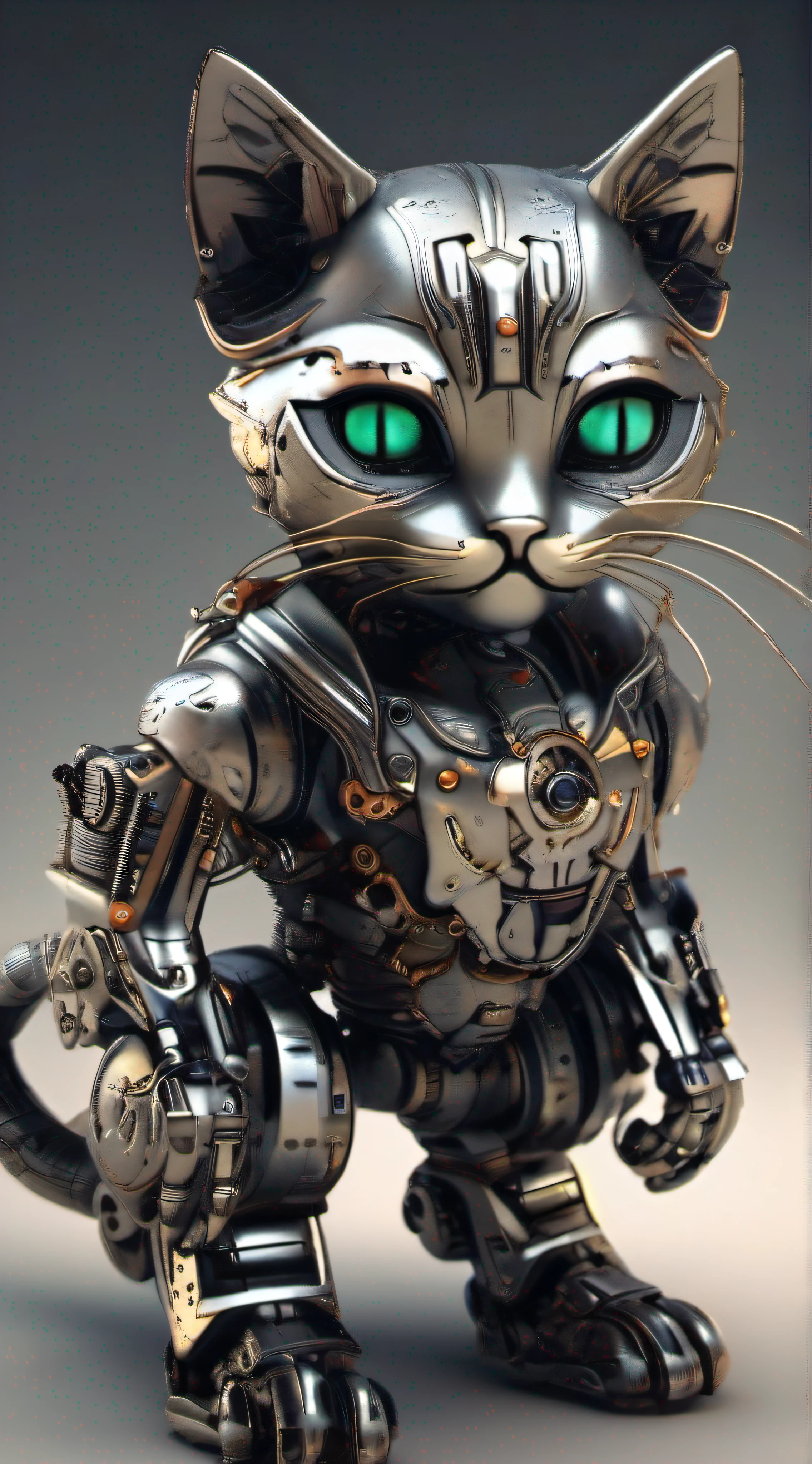 A cute kitten made of metal, robot, cyberpunk style, ((intricate details)), hdr, ((intricate details, super detailed)), cinematic footage, vignette