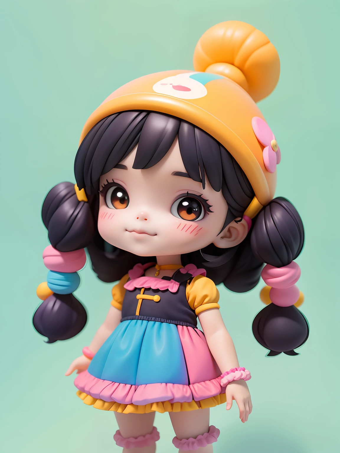 baby loli menina, morena, detalhado, sorriso claro, corpo inteiro, :3, cabelo multicolorido e preso, curto, longo, Modern accessories, fundo tom pastel e simples.