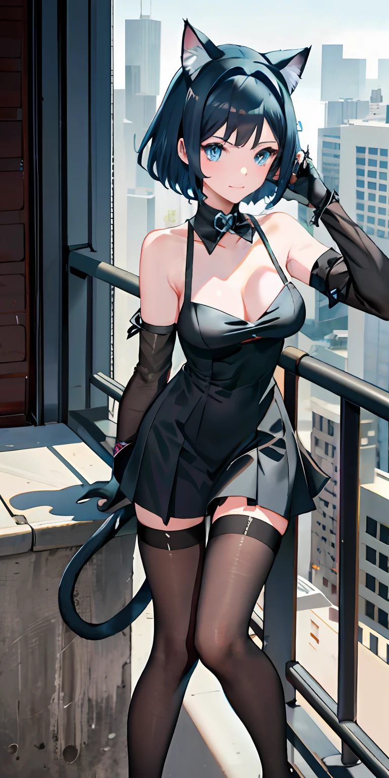 R18 Catwoman Black hair Aqua blue eyes Blue headband with tail with cat ears Girl School Uniform Cat's Palm exposed