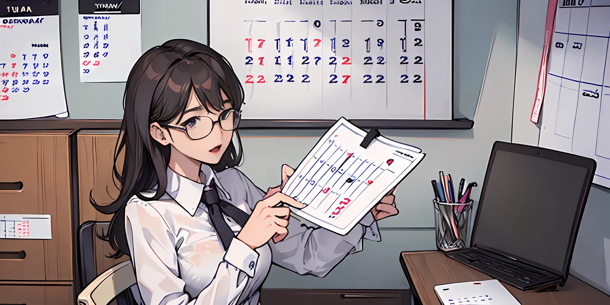 (secretary woman:1.3), (calendar management:1.3), (setting reminders:1.2), (laptop with calendar:1.2), (noting down:1.1), (office background:1.2), (time management:1.3), (clock on desk:1.1), (phone notifications:1.2), (focused planning:1.3), (coffee cup:1.0)