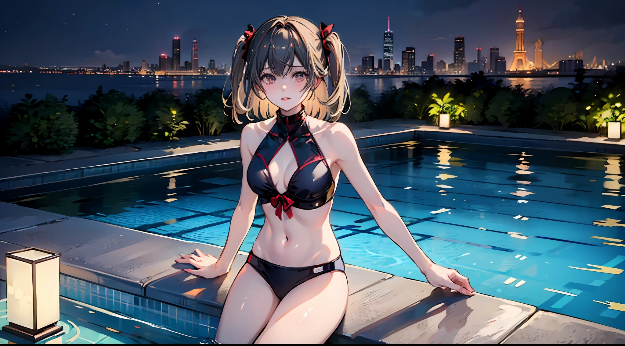 ​masterpiece、top-quality、1girl in、Night Pool、swim wears