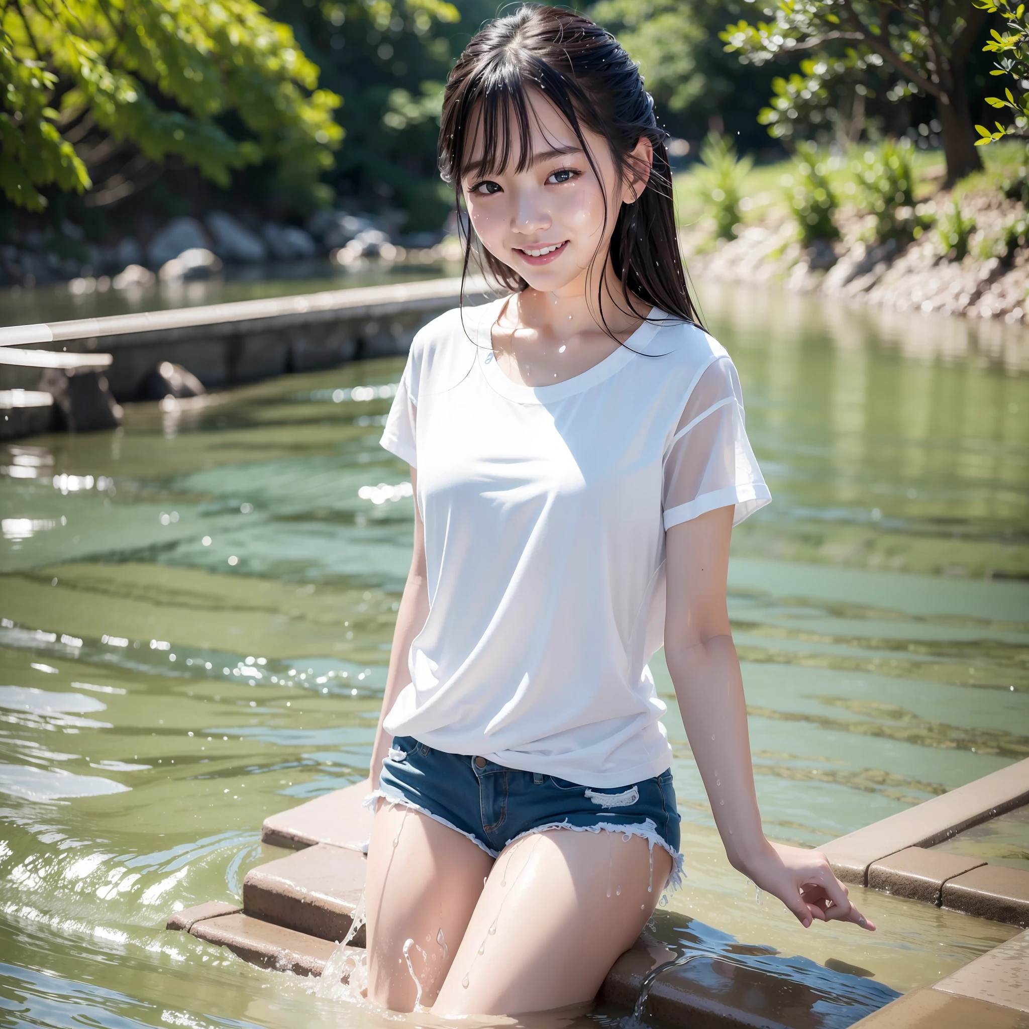 (8K、Raw photography、top-quality、masterpiece:1.2)、ultra-detailliert、Live-action girl、blurry backround、Japan girls happily splashing water on each other in the river、Wearing a white T-shirt、Wearing dark blue shorts、Realistic Japan Girl、Beautiful wet hair、The white T-shirt is soaked and the human skin is see-through、The whole body is soaked and realistic human skin lines float、Raw Video、Live action cute smiling girl dripping water、River Frontier、River