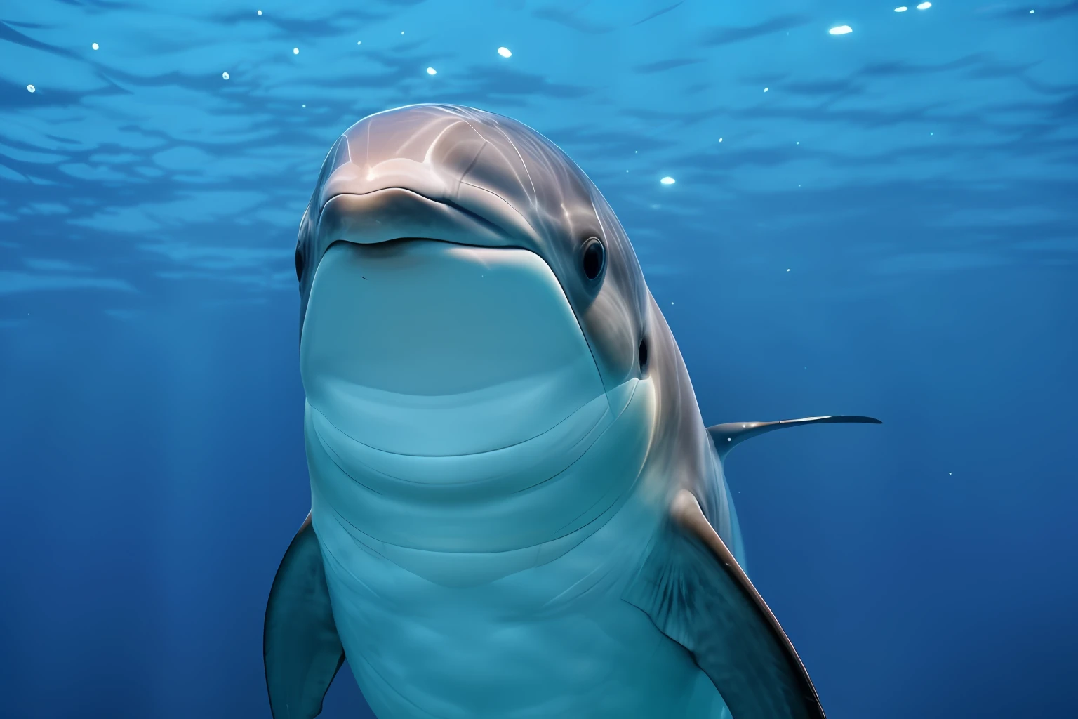 Dolphin looking at the camera(breathtaking masterpiece:1.3) (intricately details) Bio-luminescence (Coral barnacles seaweed) (high detal) (airbubble) (best qualtiy) (Spotlight from above:1.2) (UV backlight) dark shadow (Reflectors:1.2) (degrees of freedom) (Clear focus:1.3) (8K) (hyper HD) (HDR) (digital SLR camera)