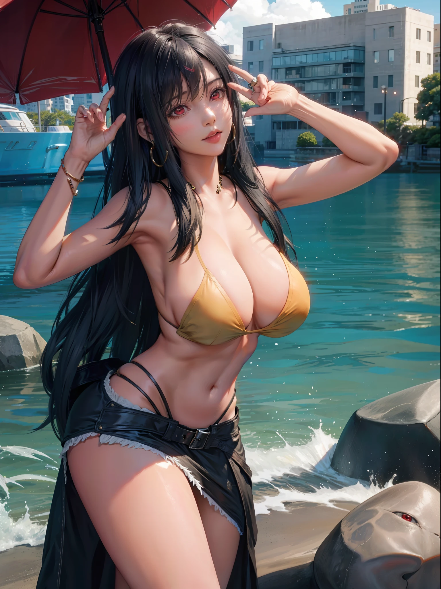 masterpiece, best quality,3d rending work ,3DMM style,close-up, 3D,1girl, solo, black hair, teardropshaped earrings, realistic, (full body), beach background,sand, sea, bangs, long straight black hair, parted lips, choker, makeup, (topless:1.5), (red eyes), tifa lockhart, (huge breasts:1.5) enormous droopy breasts, macromastia, cleavage, exposed stomach, toned abs, toned arms, slim, thin figure, long legs, posing, smiling, happy