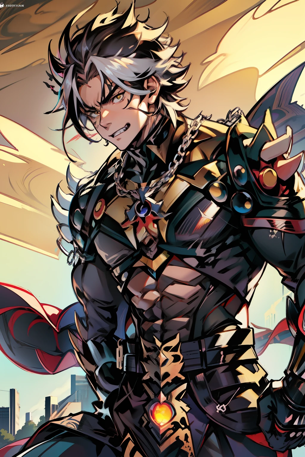 《the original god》Arataki Kazuto , male people,,((Masterpiece)), ((Best quality)), Ultra detailed,((illustration)), Dynamic Angle, Detailed light, (Delicate eyes), Floating, 1boy, Male focus, Head, Clothing, Yellow eyes, necklace, tattoo, (Forehead:0.8), (ahoge:0.8), jewelry, apathy,Ray, chest muscle, Sexy , Venom symbiote for your body, Black mucus of the body , (into venom), Venom,frontage,style of anime4 K, 4K anime wallpaper, Badass anime 8 K, 4 k comic wallpaper, young anime man, Anime boys, Anime wallpapers 4 k, Anime wallpaper 4K, High quality anime art style, Anime moe art style, Anime art wallpaper 8 K, Anime art wallpaper 4 K, RGB lighting
