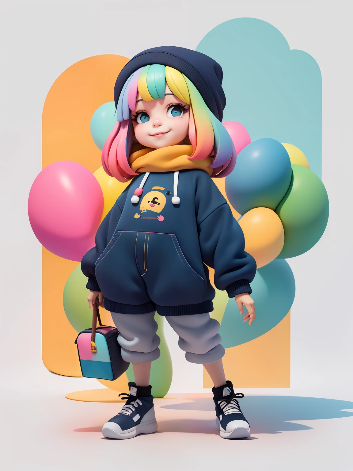 (obra-prima), (melhor qualidade), (ultra-detalhado), (corpo inteiro: 1.2) bonita e fofa, capuz, moletom preto, Knitted jumpsuits, Pants, jaqueta, blusa, sorriso claro, corpo inteiro, :3, cabelo multicolor, fundo tom pastel , colorido e simples.
