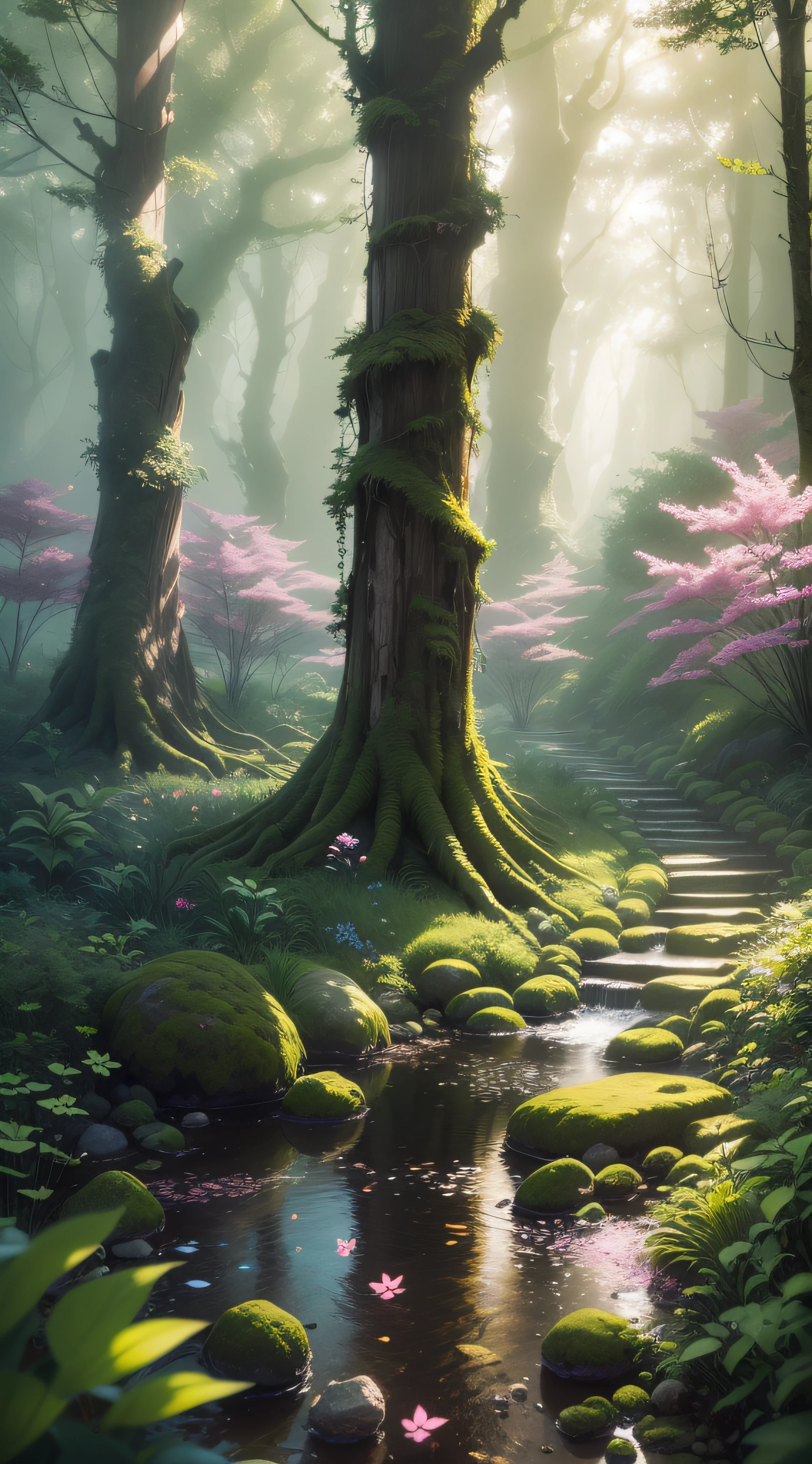 A breathtaking forest scene with tall trees reaching for the sky, sunlight filtering through the leaves, casting a golden glow on the forest floor. Small streams trickle through the moss-covered rocks, creating a serene ambiance. Delicate branches adorned with vibrant flowers and leaves add a touch of color to the scene. Fireflies dance in the air, their gentle glow illuminating the surroundings. The air is filled with a soft melody as butterflies flutter among the blossoms. Capture this enchanting moment in an intricate, high-quality illustration, with attention to the finest details and realistic shadows. Isometric 3D rendering using Octane Render and Ray Tracing will bring this magical forest to life