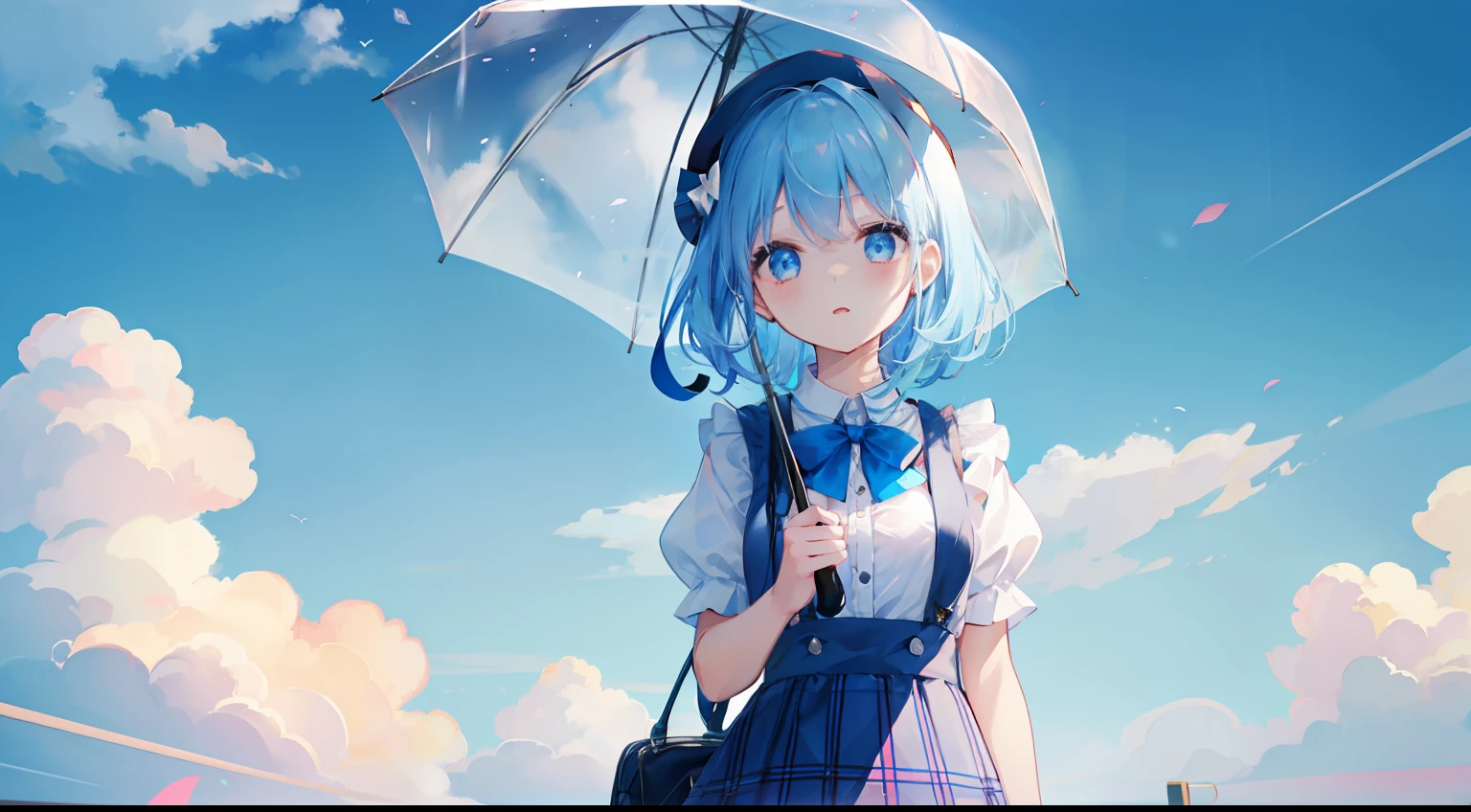 Umbrella Sky、One Girl、Lots of umbrellas、blue-sky、lightblue hair、Suspender skirt、Plaid skirt、beret、Medium hair、Sunnyday、Sunnyday、Beautiful sky