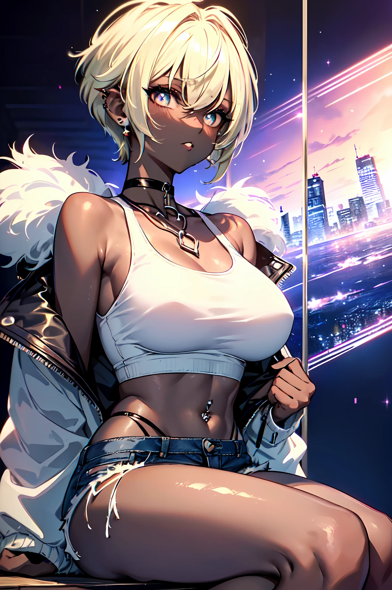 Top quality, incredibly beautiful, very delicate 8k wallpaper, Transcendently Beautiful Girl, looking_to_the_side, tongue_out, (masterpiece face, masterpiece eyes:1.5), (pixie cut hair:1.3), (blonde hair, short shaved sides, very short back, very short side, under cut, side cut:1.3), (long eyelashes, red lips), (deep skin, dark skin:1.5), bare_legs, choker, piercing, (jacket with white fur:1.1), half undress, tank top, denim shorts, Flat_Chest, Huge_breasts, wide_lower back, (five fingers, 4fingers and 1thumb), sitting,
