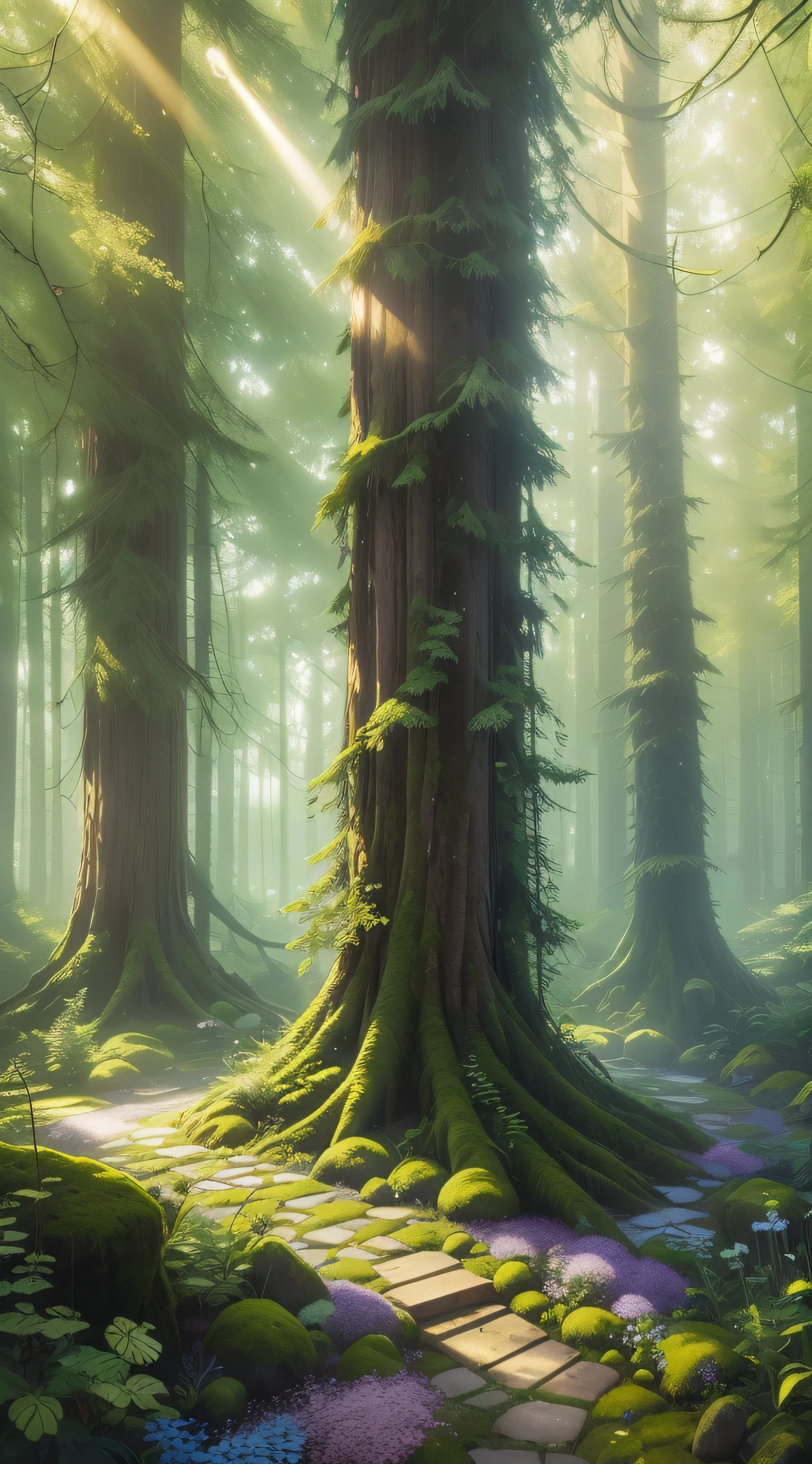 A breathtaking forest scene with tall trees reaching for the sky, sunlight filtering through the leaves, casting a golden glow on the forest floor. Small streams trickle through the moss-covered rocks, creating a serene ambiance. Delicate branches adorned with vibrant flowers and leaves add a touch of color to the scene. Fireflies dance in the air, their gentle glow illuminating the surroundings. The air is filled with a soft melody as butterflies flutter among the blossoms. Capture this enchanting moment in an intricate, high-quality illustration, with attention to the finest details and realistic shadows. Isometric 3D rendering using Octane Render and Ray Tracing will bring this magical forest to life