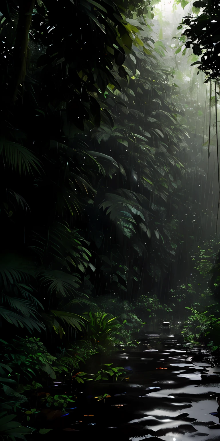 Jungle, heavy rainfall, monochrome, vines everywhere, huge and humid trees, masterpiece, best quality, high quality, very detailed CG unified 8k wallpaper, oil painting, award-winning photography, bokeh, depth of field, HDR, bloom, color difference, realism, very detailed, trends on artstation, trends on CGSociety, intricate, high detail, drama, midjourney art, volumetric lighting