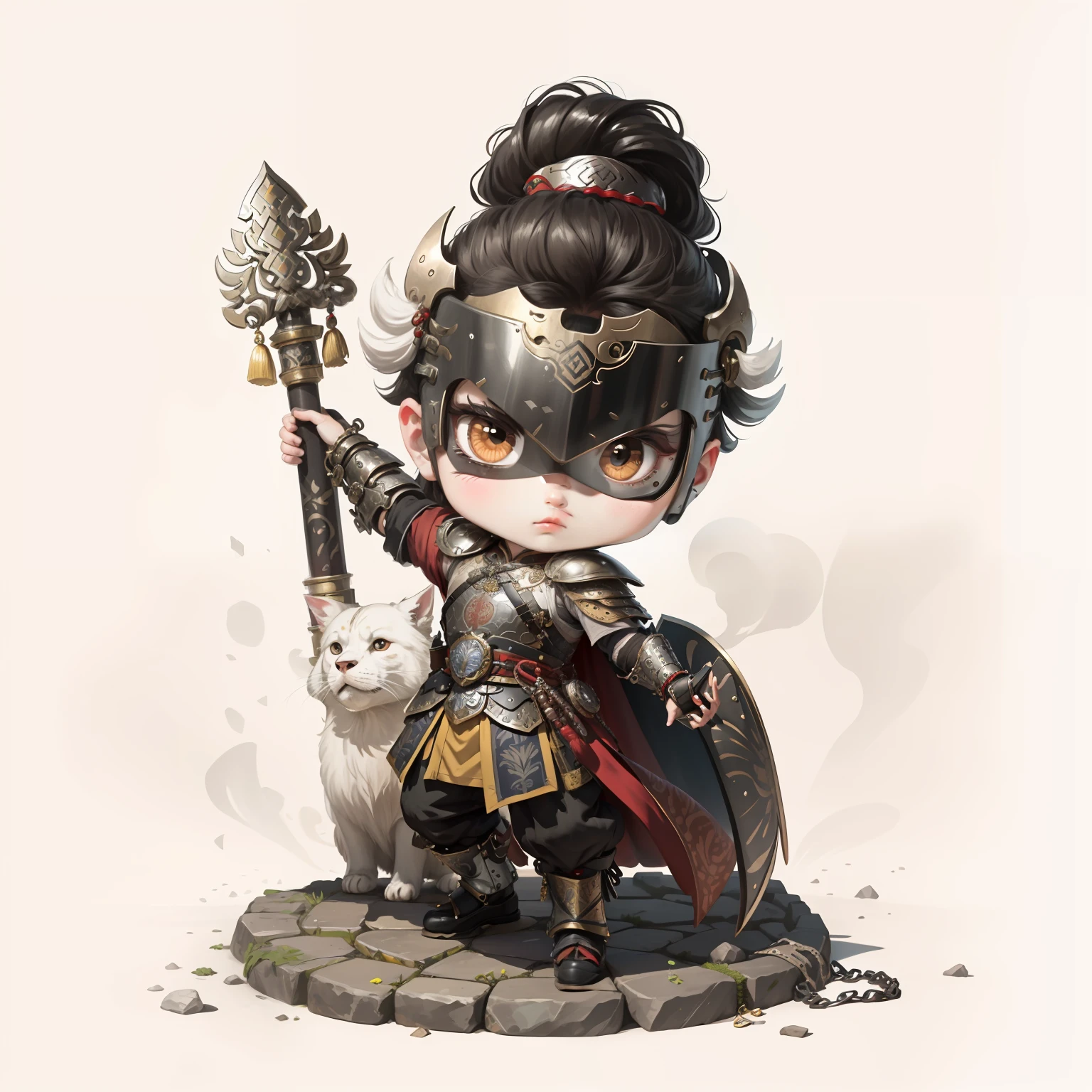 male people,Male characters,tchibi,Bad,Armed mace,Mace weapons,Ancient Chinese weapons,The handle has a delicate pattern,Shoulder blades,metal breastplate,chainmail,Animal pattern cuirass,chest plate,Bracers,Flowing hem,China-style,Chinese-style clothing,Chinese shoes,There are beautiful patterns on the weapon grips,ultra-realistic realism,anaglyph,stereograms,Fine painting,Refinement,infinite details,high definition detail,Patterned,Pattern,Blank background,Bright colors,Metal edging