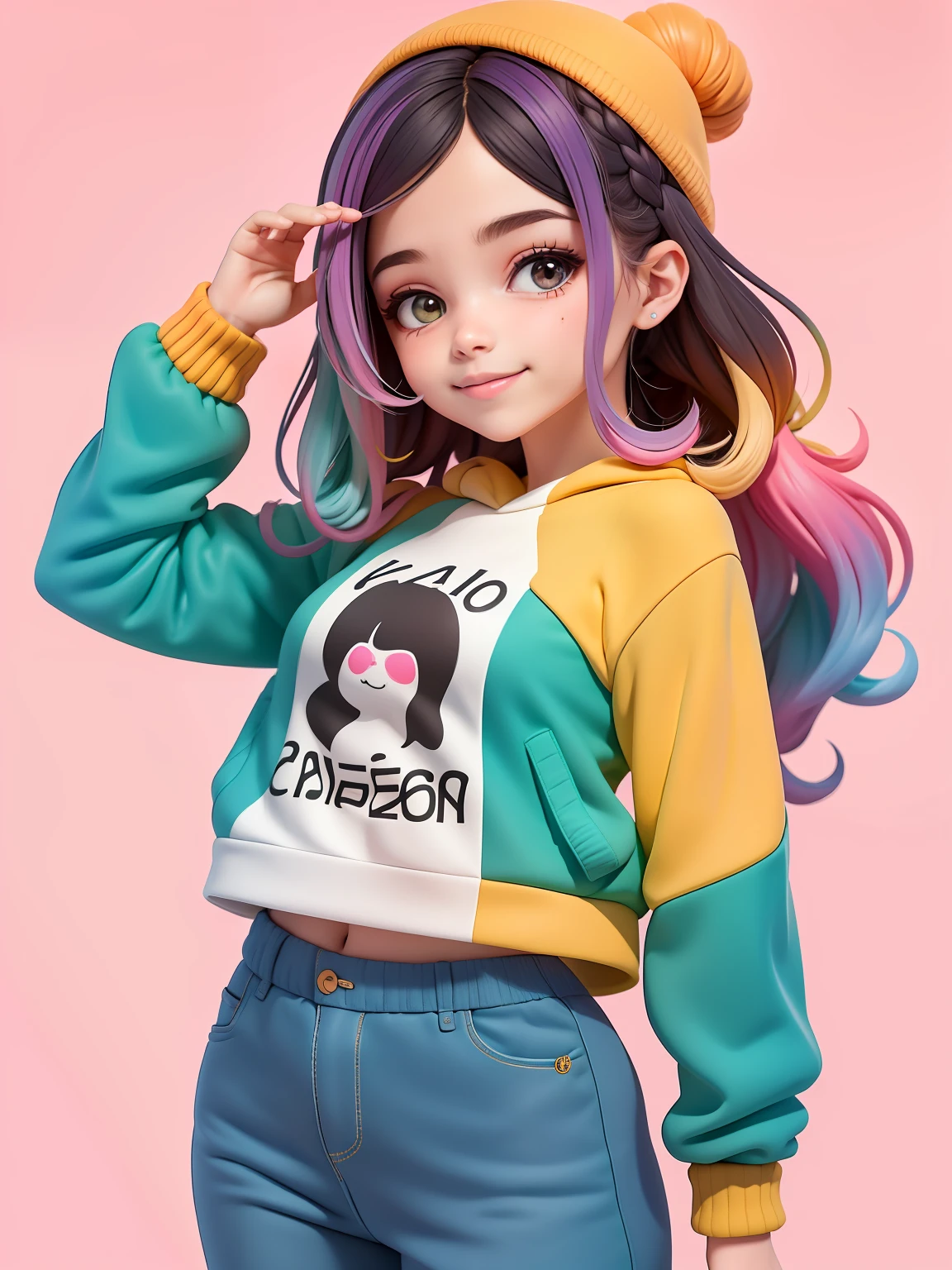 (obra-prima), (melhor qualidade), (ultra-detalhado), (corpo inteiro: 1.2) bonita e fofa, capuz, moletom preto, Knitted jumpsuits, Pants, jaqueta, blusa, sorriso claro, corpo inteiro, :3, cabelo multicolor, fundo tom pastel , colorido e simples.