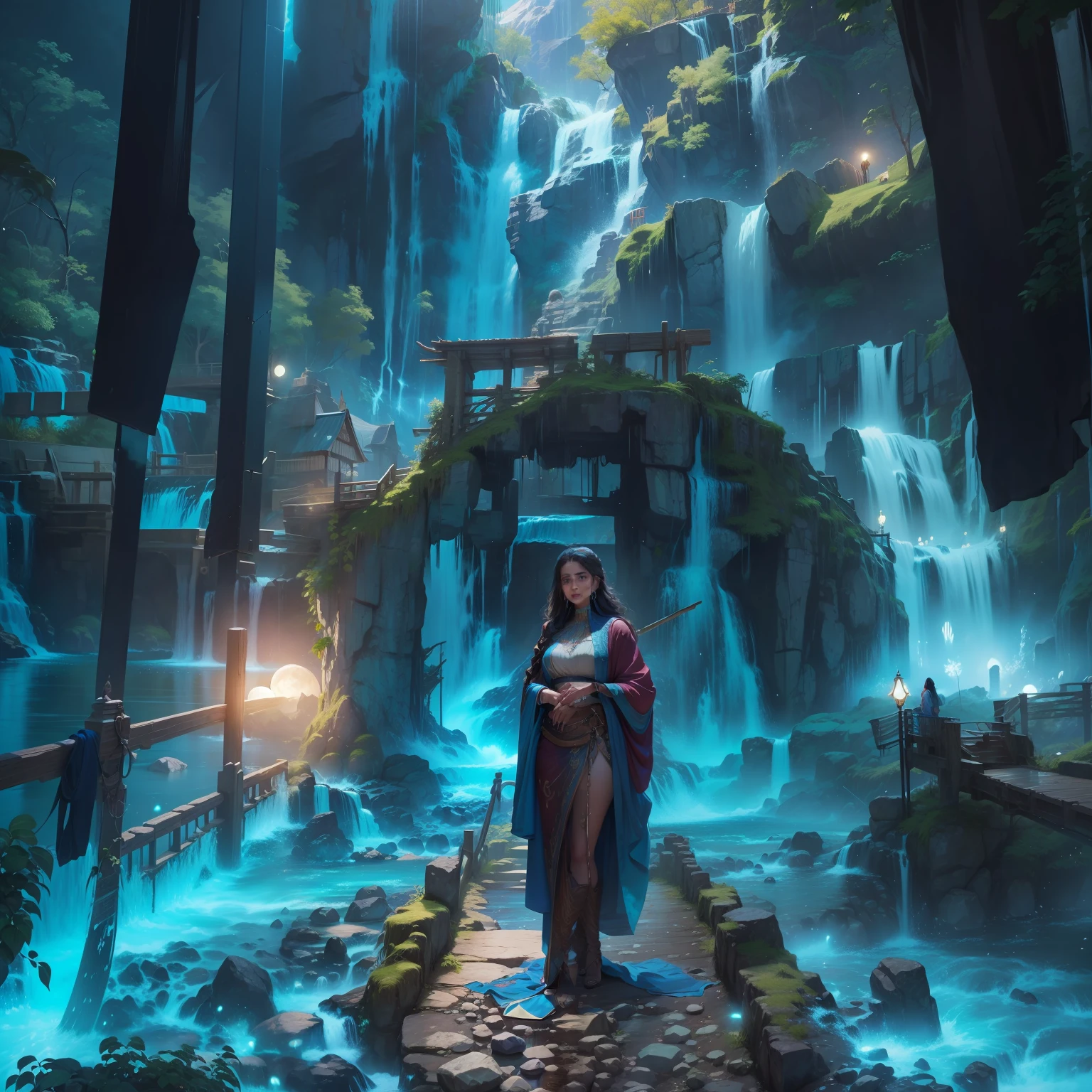 Giant waterfall background, blue earrings, realistic face. Beutiful girl, big moon in the sky, 8k ultra realistic