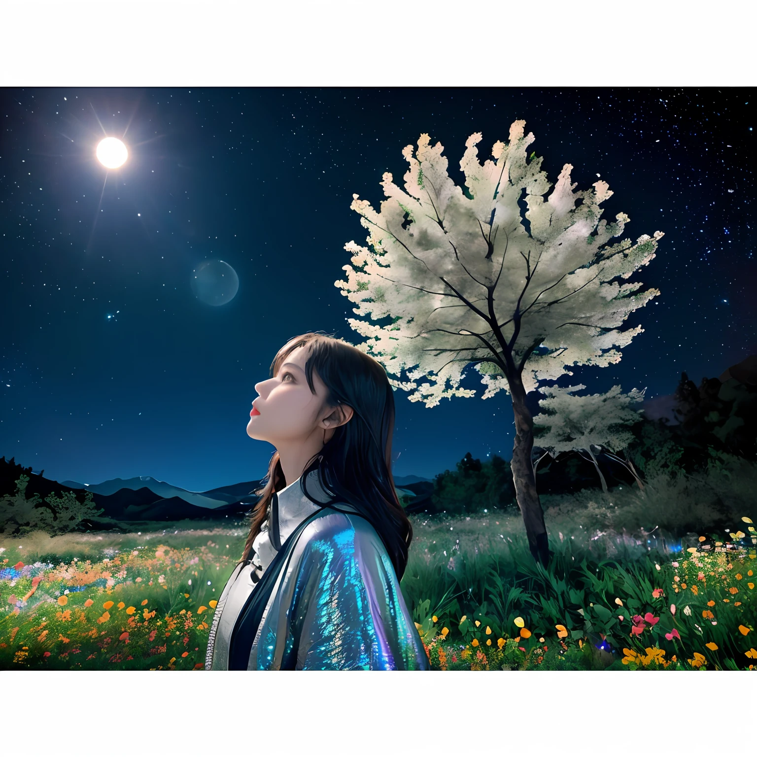 Expansive landscape photograph, (view from below with a view of the sky and the wilderness below), little girl standing in a flower field looking up, (full moon: 1.2), (shooting star: 0.9), (nebula: 1.3), distant mountain, tree break production art, (warm light source: 1.2), (firefly: 1.2), lamp, purple and orange, intricate detail, volume lighting BREAK (masterpiece: 1.2), (highest quality ), 4k, ultra-detailed, (dynamic configuration: 1.4), highly detailed and colorful details (iridescent: 1.2), (sparkling lighting, atmospheric lighting), dreamy, magical, (solo: 1.2)