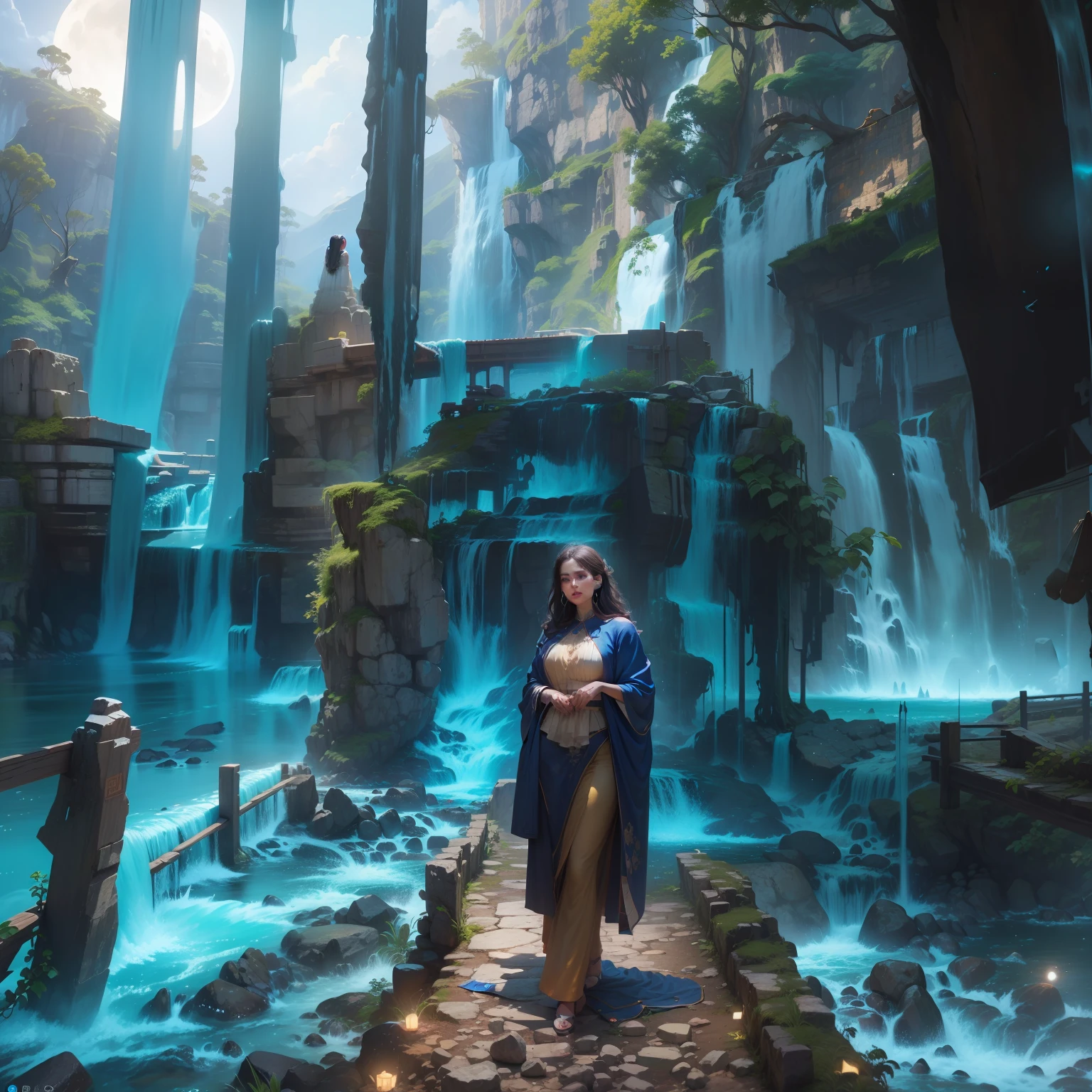 Giant waterfall background, blue earrings, realistic face. Beutiful girl, big moon in the sky, 8k ultra realistic