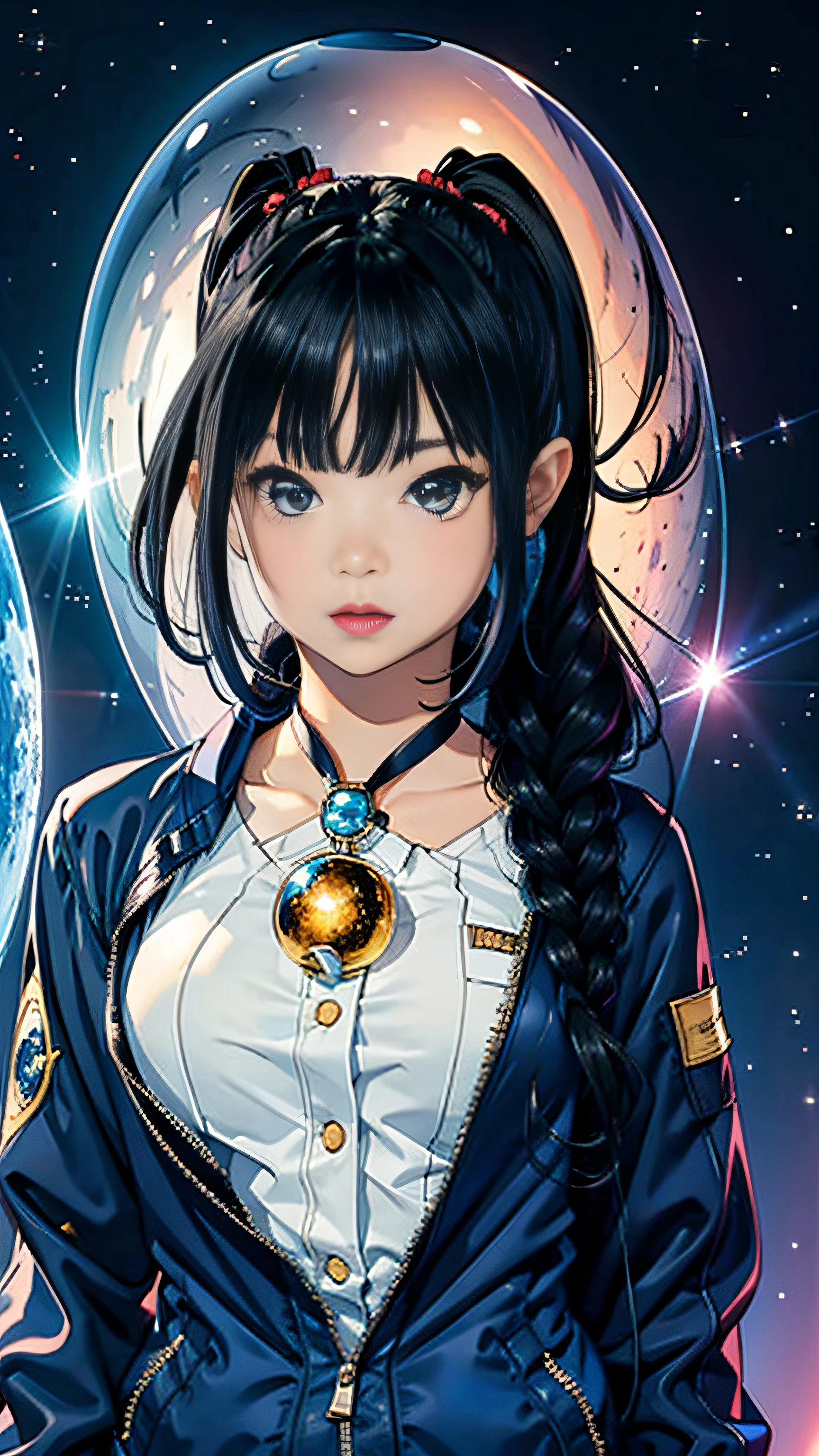 Super beautiful shining big eyes、Best Quality, hight resolution, 1girl in, Hanni, floating in the universe, Energy sphere, light Particle, frilld, Small breasts, Pleated skirt, (jacket partially removed), Shiny hair, Shining stars, Fantasy,