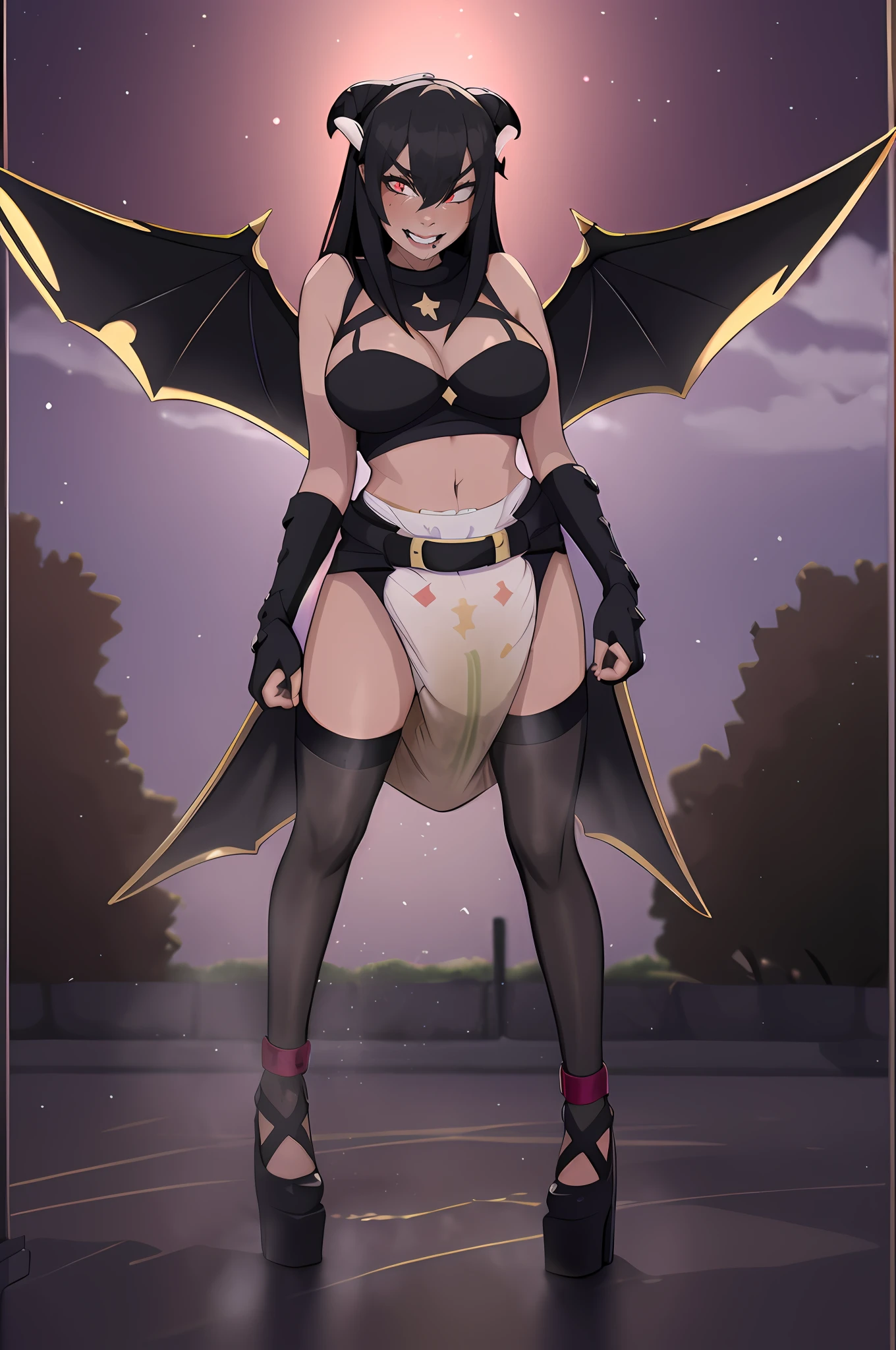 (masterpiece, top quality, best quality, highly detailed:1.2), 1girl, solo, photo of a sexy succubus posing seductively in a soiled diaper, hell, outdoors, standing, diaper, black diaper, wet diaper, soggy diaper, messed diaper, diaper mess, hypermessing, diaper waistband peek, faded wetness indicator, thigh high metal heels, black hair, red eyes, smirking, golden braclet, goled coller with ruby in the middle, ruby ring, black lipstick, black long metal gauntlets, red skin, wings, horns