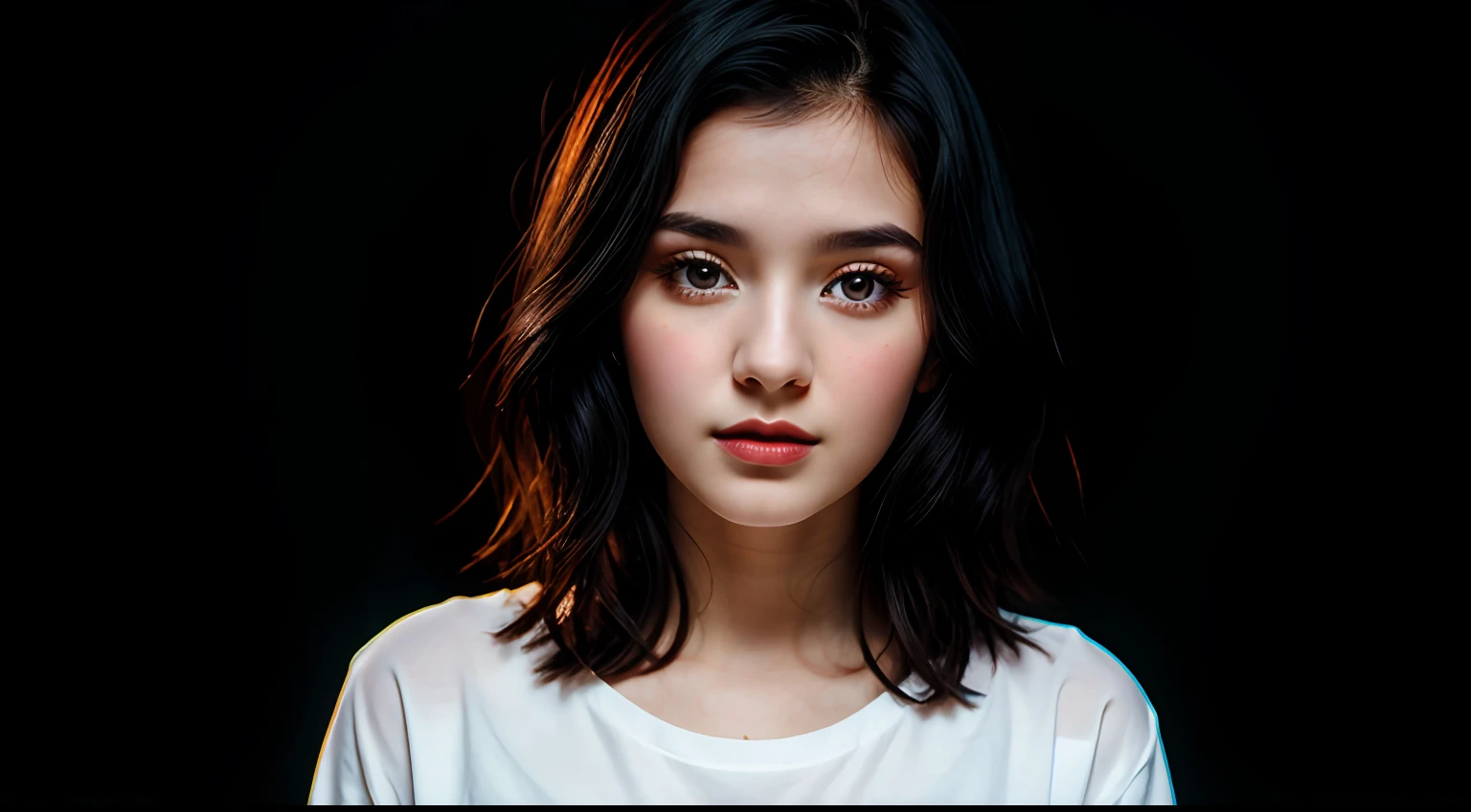 half body portrait of 1 young 20yo woman, black hair, wearing wonderful shirt, perfect eyes, perfect lips, perfect nose, professional color graded, wonderful woman, dark background, cute russian woman